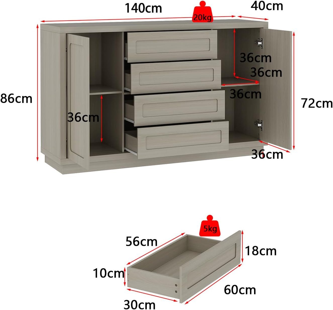 FUFU&GAGA Sideboard mit 4 Schubladen, 2 Türen und 4 Fächern günstig online kaufen