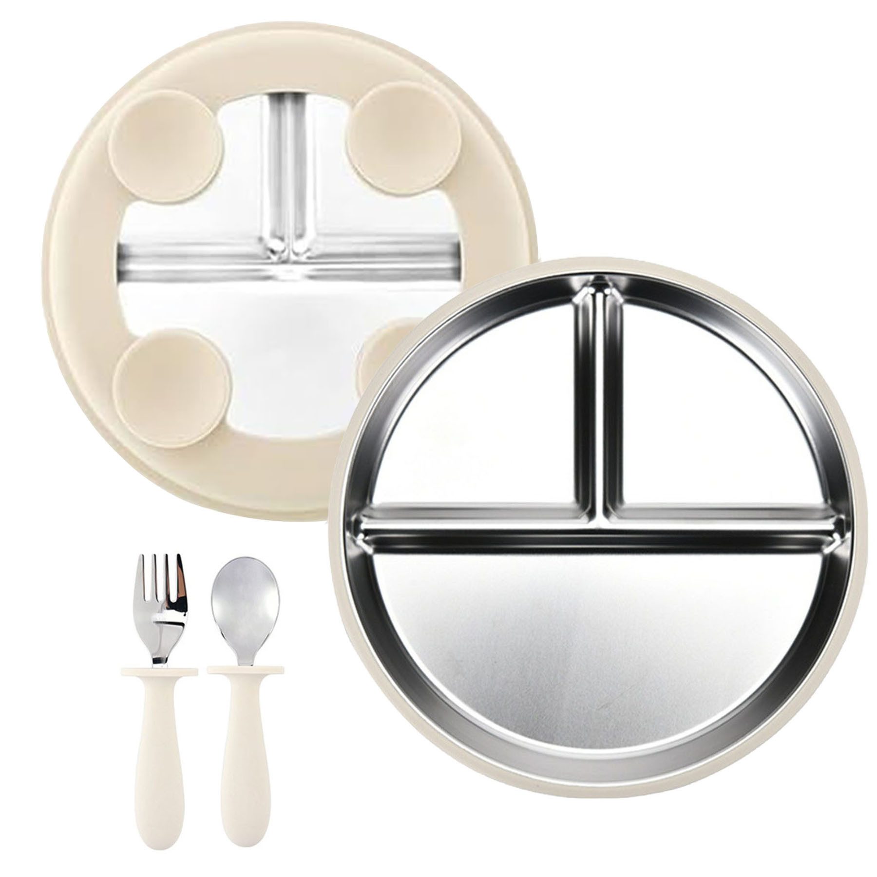 Mutig Kindergeschirr-Set 3 Stück Edelstahl Baby Teller mit Silikon Saugnapf mit Löffeln&Gabeln, 1 Personen, Spülmaschinenfest & BPA Frei mit Unterteilung,Für Kinder geeignet