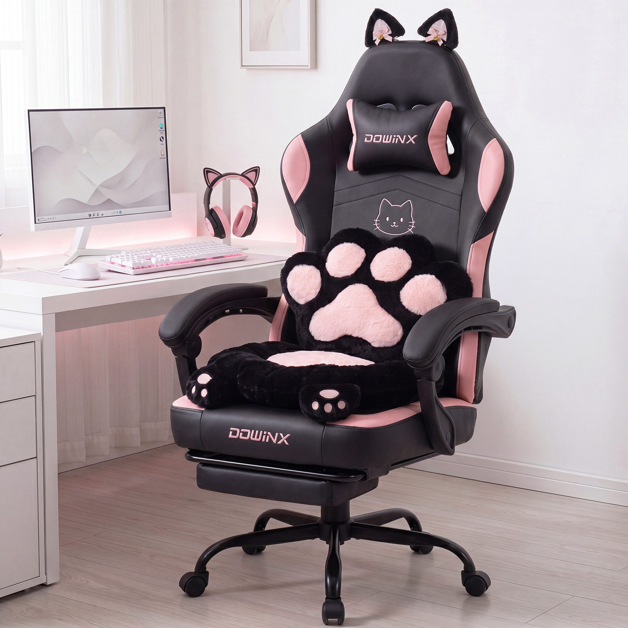Dowinx Gaming-Stuhl Rosa Bürostuhl mit Kissen mit Katzenohren und Katzenpfoten (Packung), Ergonomischer Computerstuhl mit Fußstütze, PC-Spiele-Stuhl für Mädchen