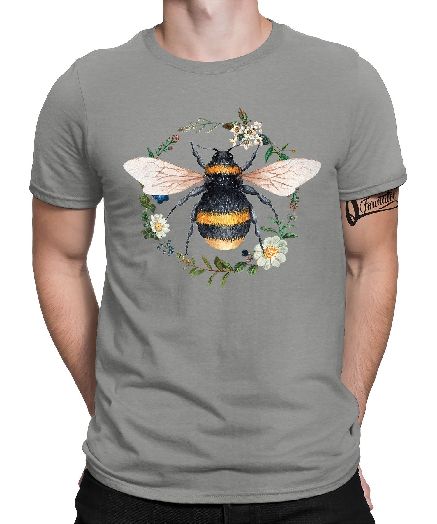 Quattro Formatee Kurzarmshirt Biene Blumen Imker Honig Herren T-Shirt (1-tlg) Heather Grau