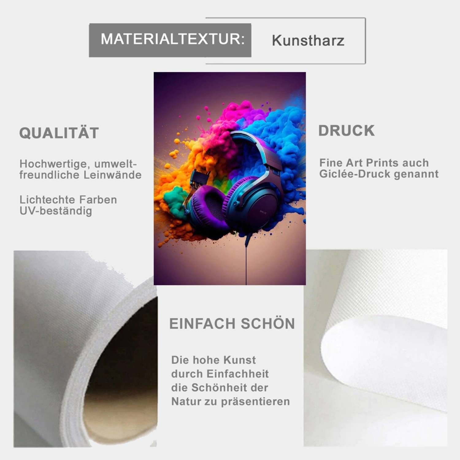 TPFLiving Kunstdruck OHNE RAHMEN, Hot Live Musik - Neon Kopfhörer - DJ Poster - Bunte Boombox - Mikrofon Party - (Leinwandbild XXL), Farben: Farben: schwarz, lila, grün -Größe: 30x42cm