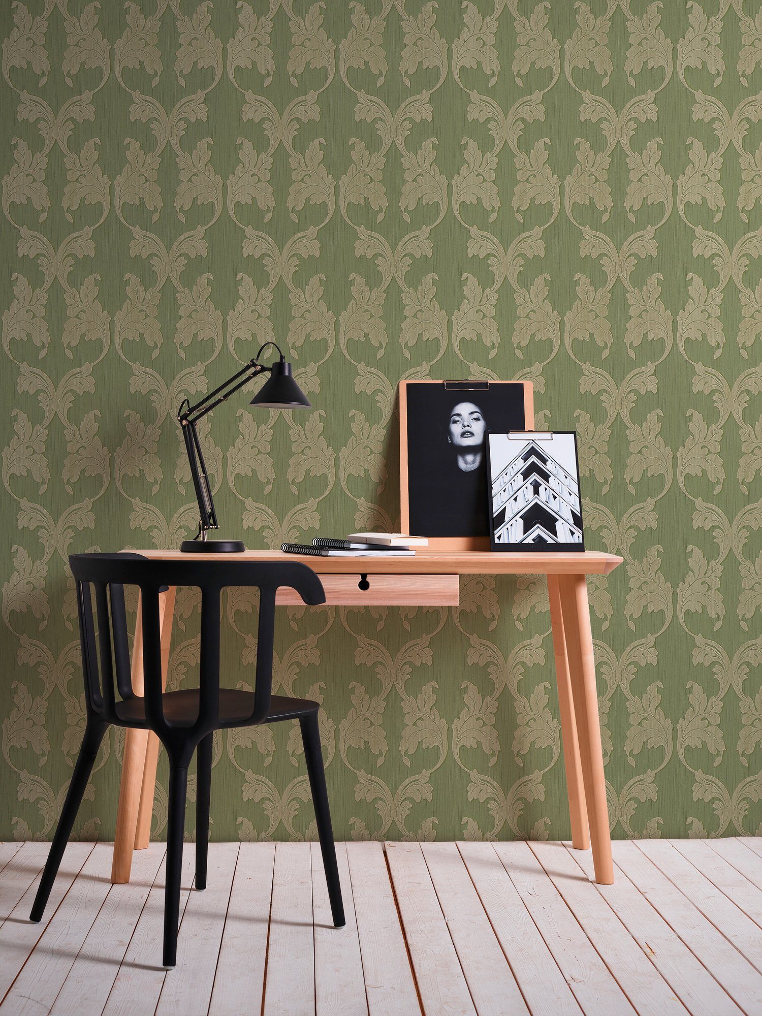 grün Tessuto, Paper Barock A.S. Architects floral, Textiltapete Barock, samtig, Tapete Création