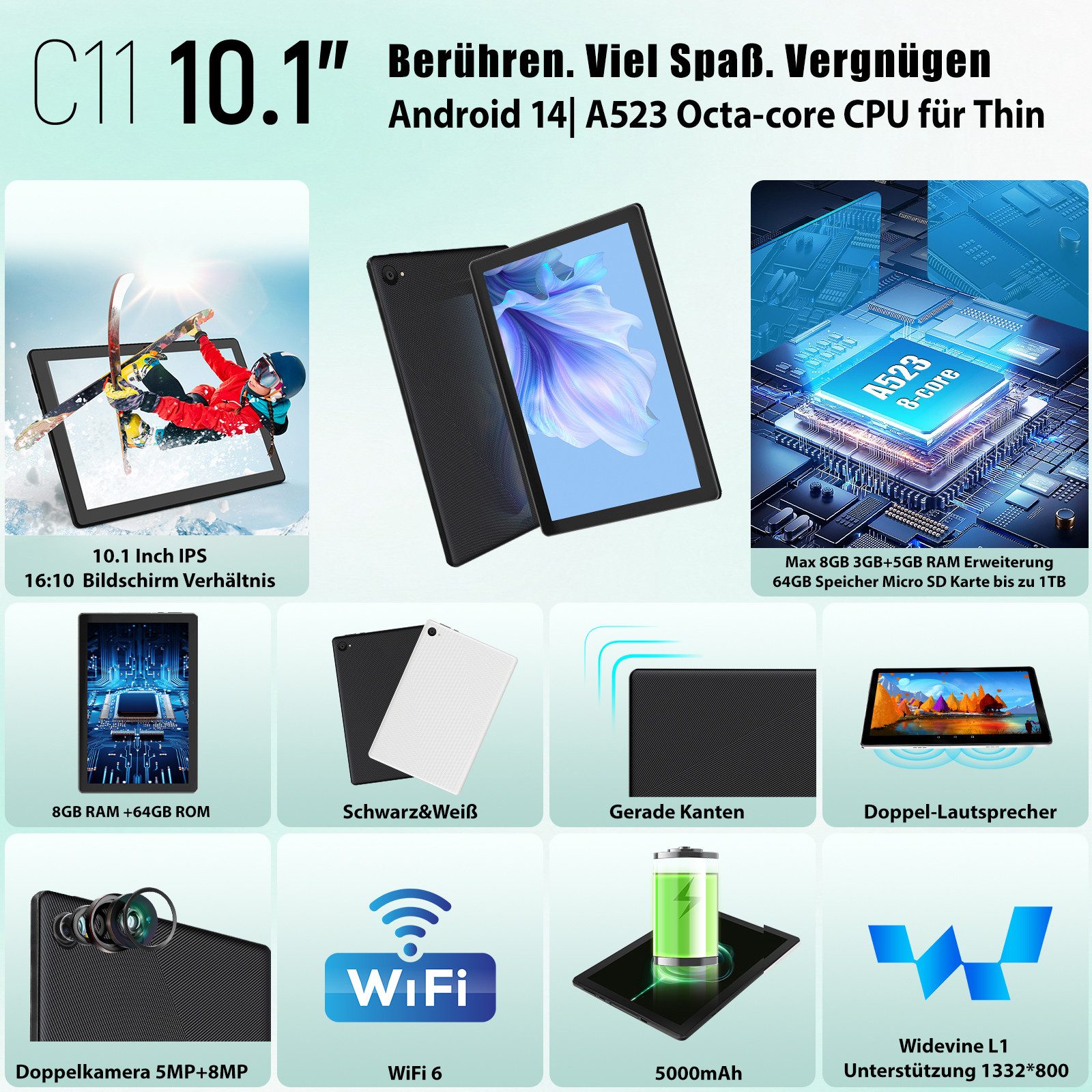 Happybe 10 Zoll 64 GB ROM (1 TB TF), Android, 1280x800 HD IPS, WiFi 6 Tablet (10", 64 GB, Android, WIFI, 2,4 GHz/5 GHz WiFi, Bluetooth 5,3, GMS-zertifizierter, Widevine L1)
