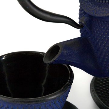 teayumi Teekanne ARARE Tetsubin Komplett-Set Gusseisenkanne 1200 ml Blau, 1.2 l, (Komplett-Set, 8-teilig), mit herausnehmbaren Edelstahlsieb, mit Henkel