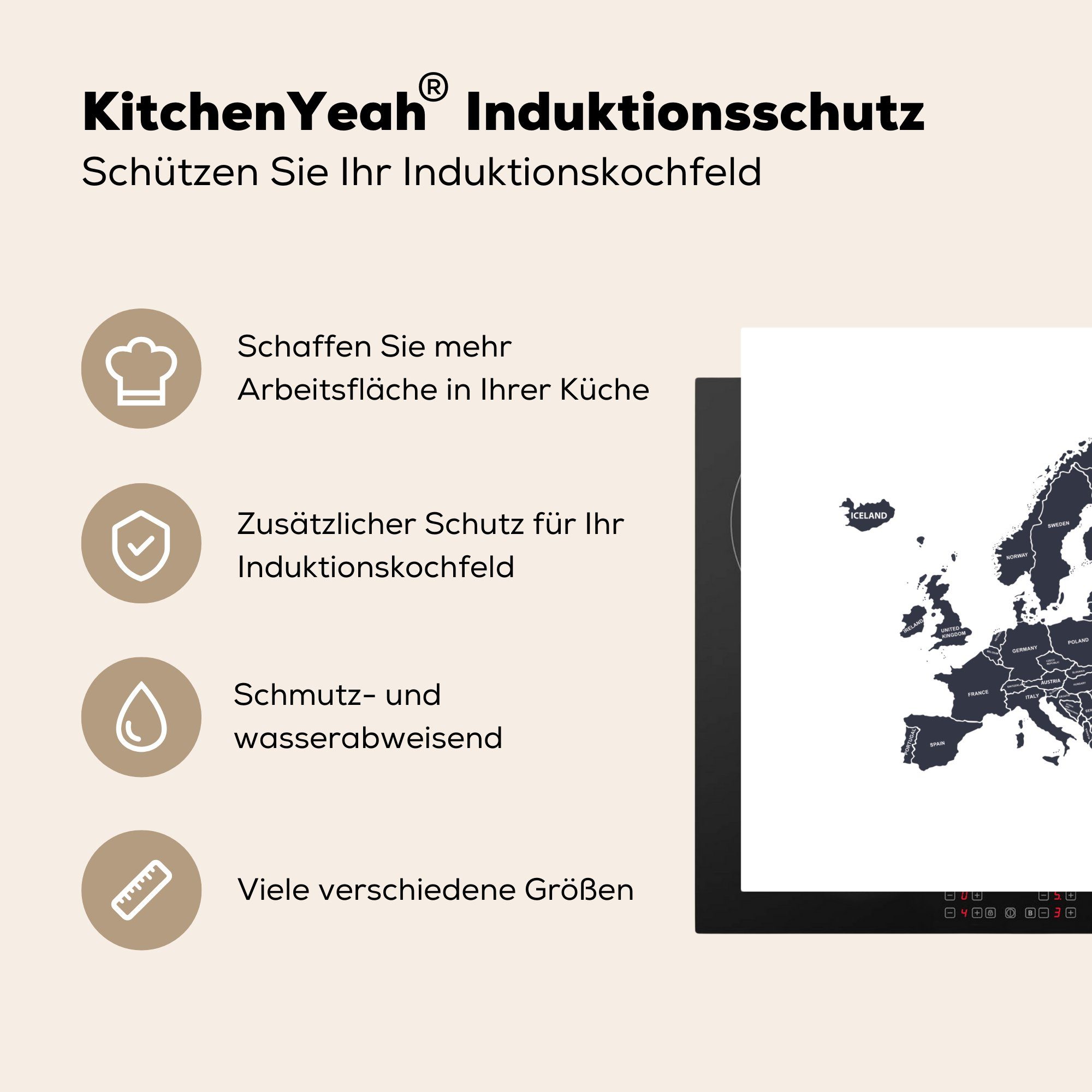 MuchoWow Herdblende-/Abdeckplatte Karten - Europa (1 Weiß, Ceranfeldabdeckung, Arbeitsplatte für tlg), Schwarz - Vinyl, 78x78 - cm, küche