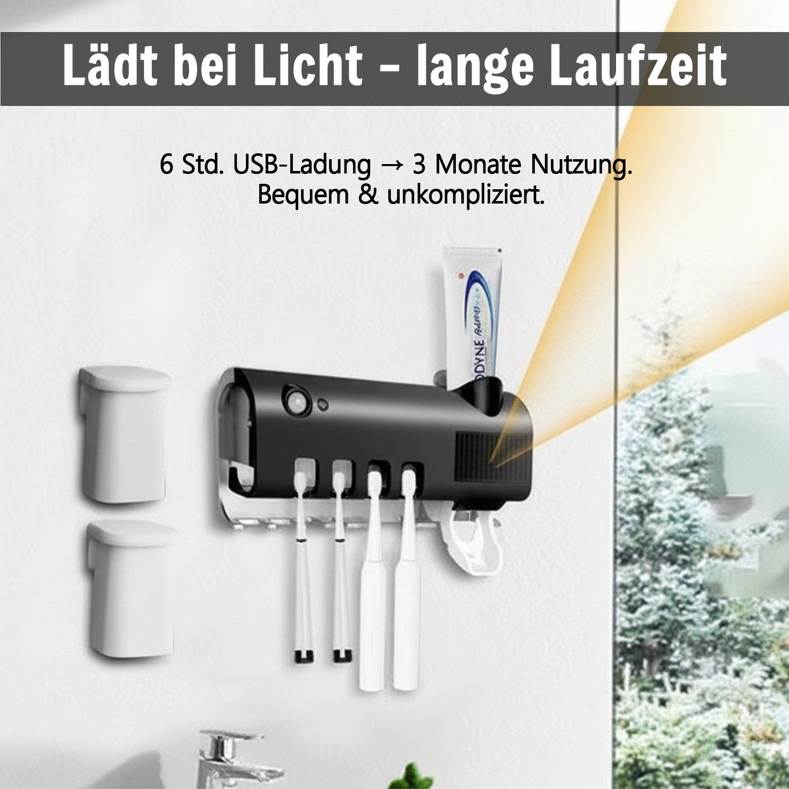 MOPUEA UV-Zahnbürstenhalter Zahnbürstenhalter mit Automatischem Zahnpastaspender UV-Sterilisation, UV-Zahnbürstenhalter mit Sterilisator und Zahnputz-Quetscher, – Bild 5 von 5