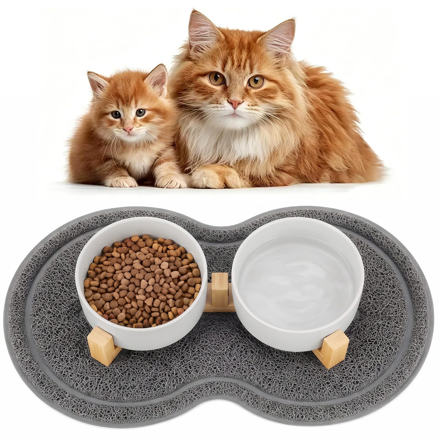 HEYHIPPO Futternapf Keramik-Hundenapfset,mit Holzständer & Silikonmatte, spülmaschinenfest, Keramik, 2-in-1 Futternapf aus Keramik–400 ml, rutschfeste Unterlage, 45×26cm