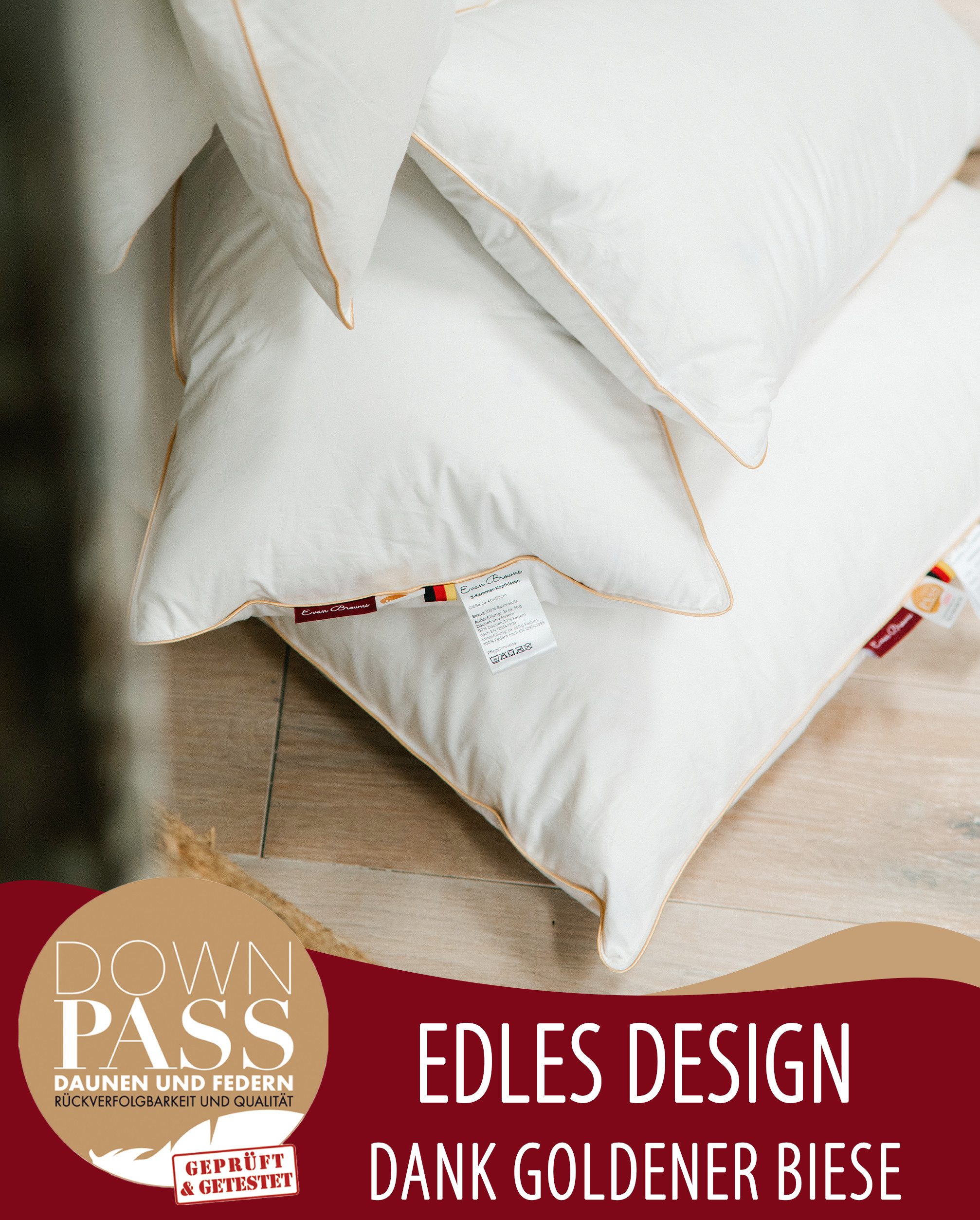 EVAN BROWNS 3-Kammer-Kopfkissen Daunenkissen für Allergiker 90% Daunen Ergonomisches Kopfkissen, Füllung: 90% Daunen, 10% Federn, Seitenschläfer, Bauchschläfer, Rückenschläfer, 3-Kammer-Kopfkissen 40x80 Daunen Federn Made in Germany