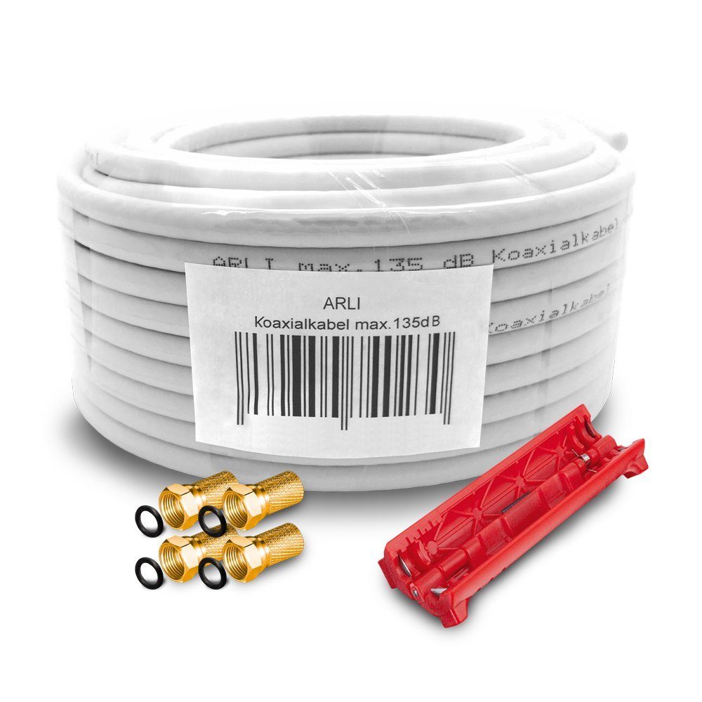 ARLI 50m Koaxialkabel + 4x F-Stecker vergoldet + Abisoliermesser TV-Kabel, (5000 cm), 50 m TV Sat Koax Antennen Kabel 5-fach geschirmt Verlegekabel Set