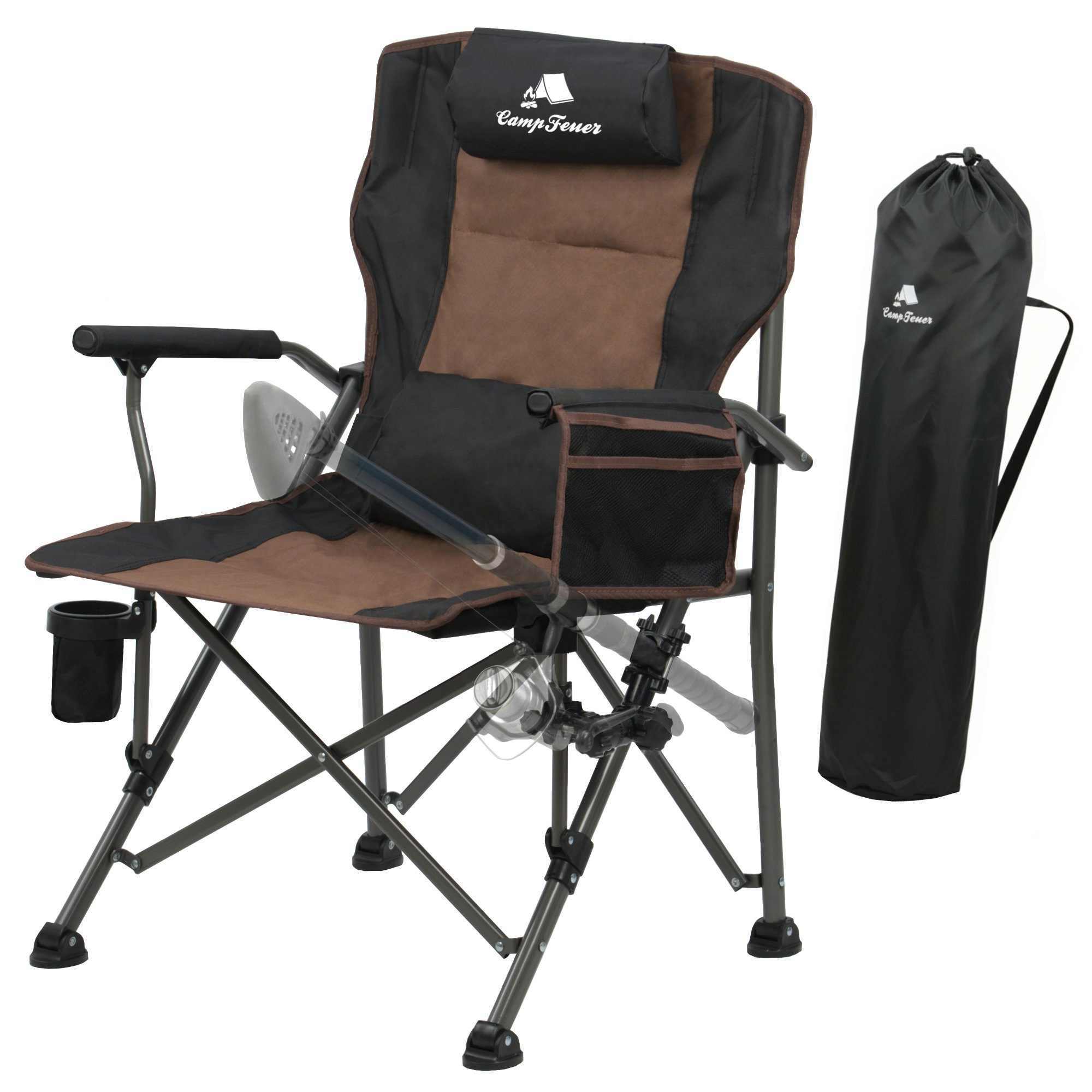 CampFeuer Angelstuhl mit Angelhalterung Braun / Schwarz, Outdoor Campingstuhl, Faltbarer Ka