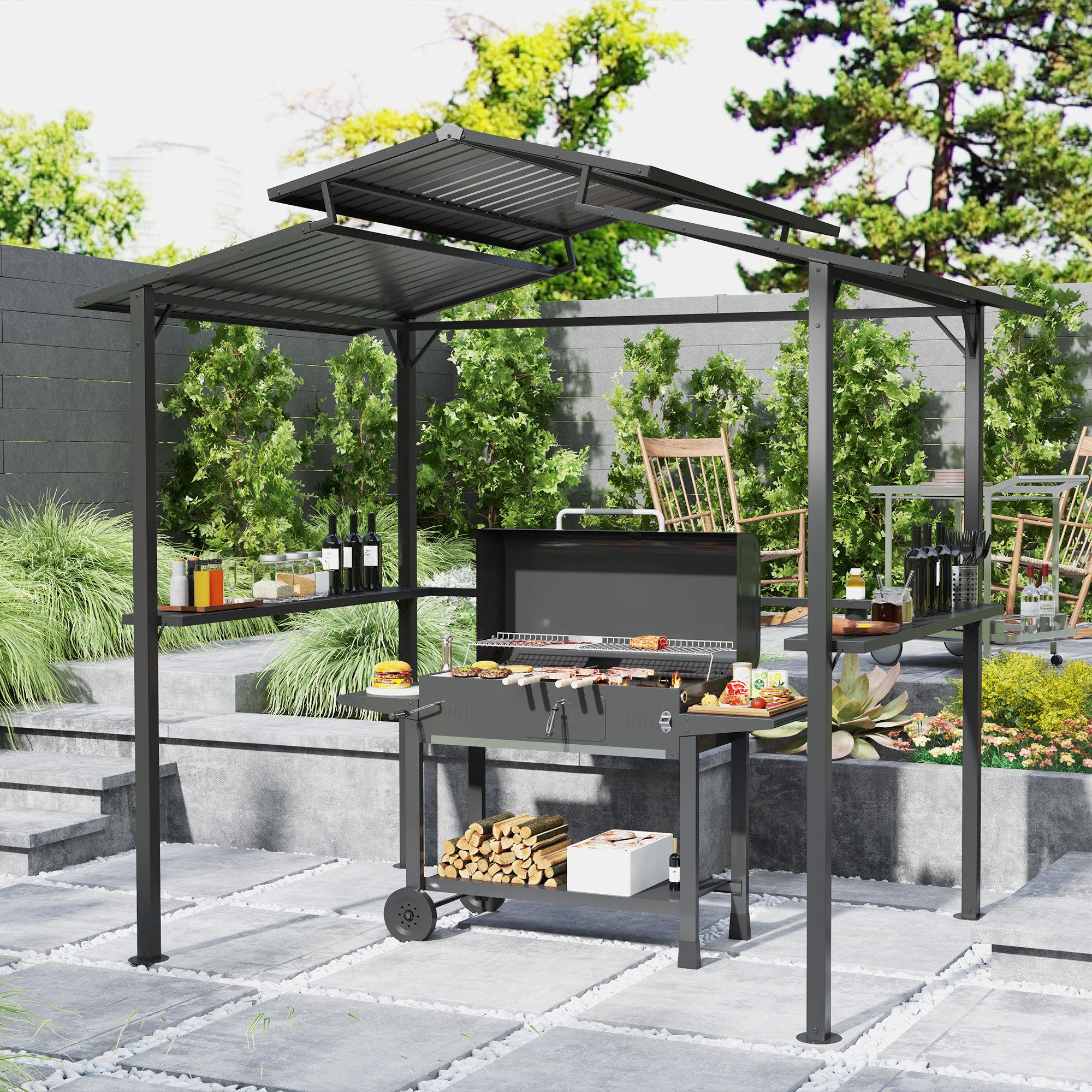 Outsunny Grillpavillon Gartenpavillon mit Doppelschichtdach, Seitenregalen, BBQ Pavillon, (wasserdicht Gartenpavillon, BBQ Pavillon), 250 x 160 x 250 cm, für Garten Party BBQ, Schwarz
