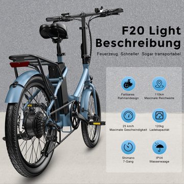 fafrees E-Bike F20 Light faltbares Elektrofahrrad, 7 Gang, Heckmotor, maximale Reichweite 110 km, Shimano 7-Gang-Schaltung, StVZO-konformer