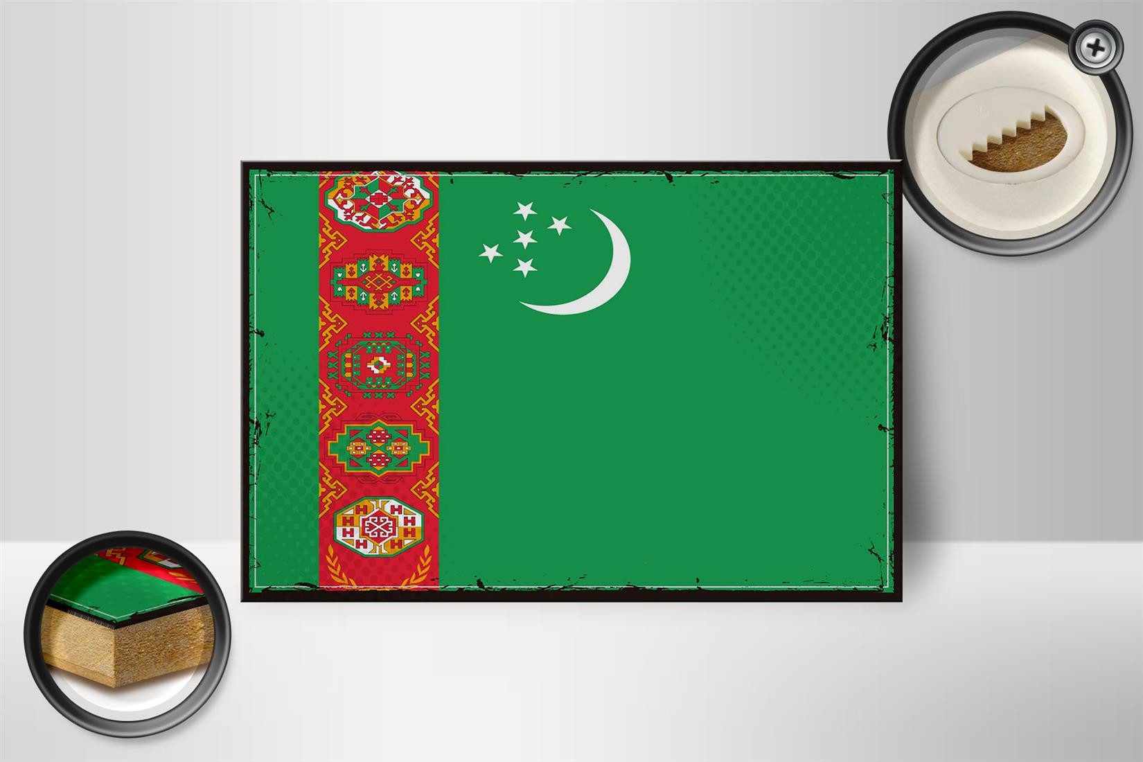 Femer GmbH Holzbild Flagge Turkmenistans 18x12cm Retro Turkmenistan, Flaggen (1 St), Glatte Holzfaserplatte (MDF), vorn beschichtet