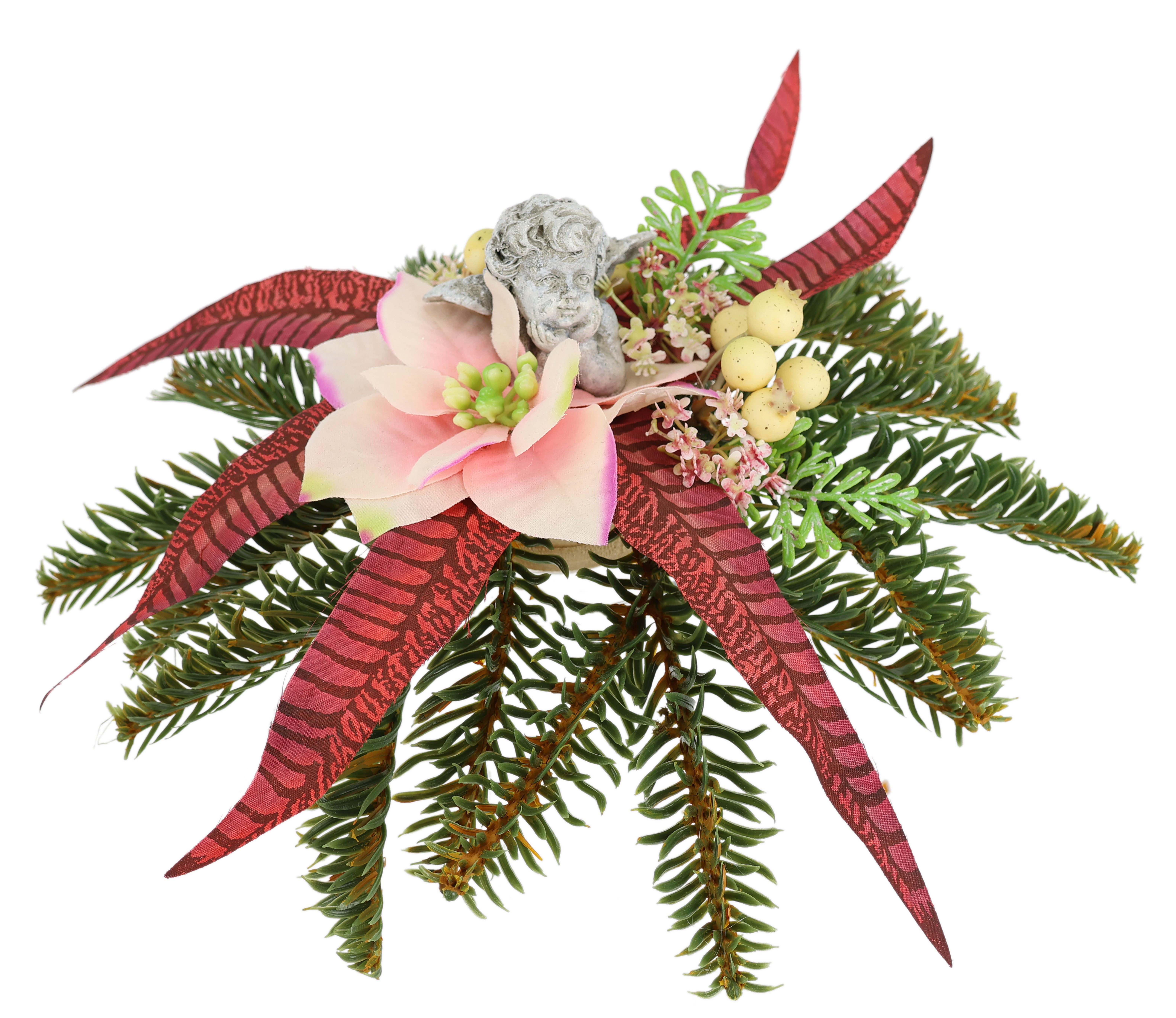 Kunstblume Tannen-Aufleger mit Poinsettia und Engel, OTTO home, Höhe 8 cm, Dekorativer Tannenzweigkranz mit Poinsettia-Blüte und Engelfigur