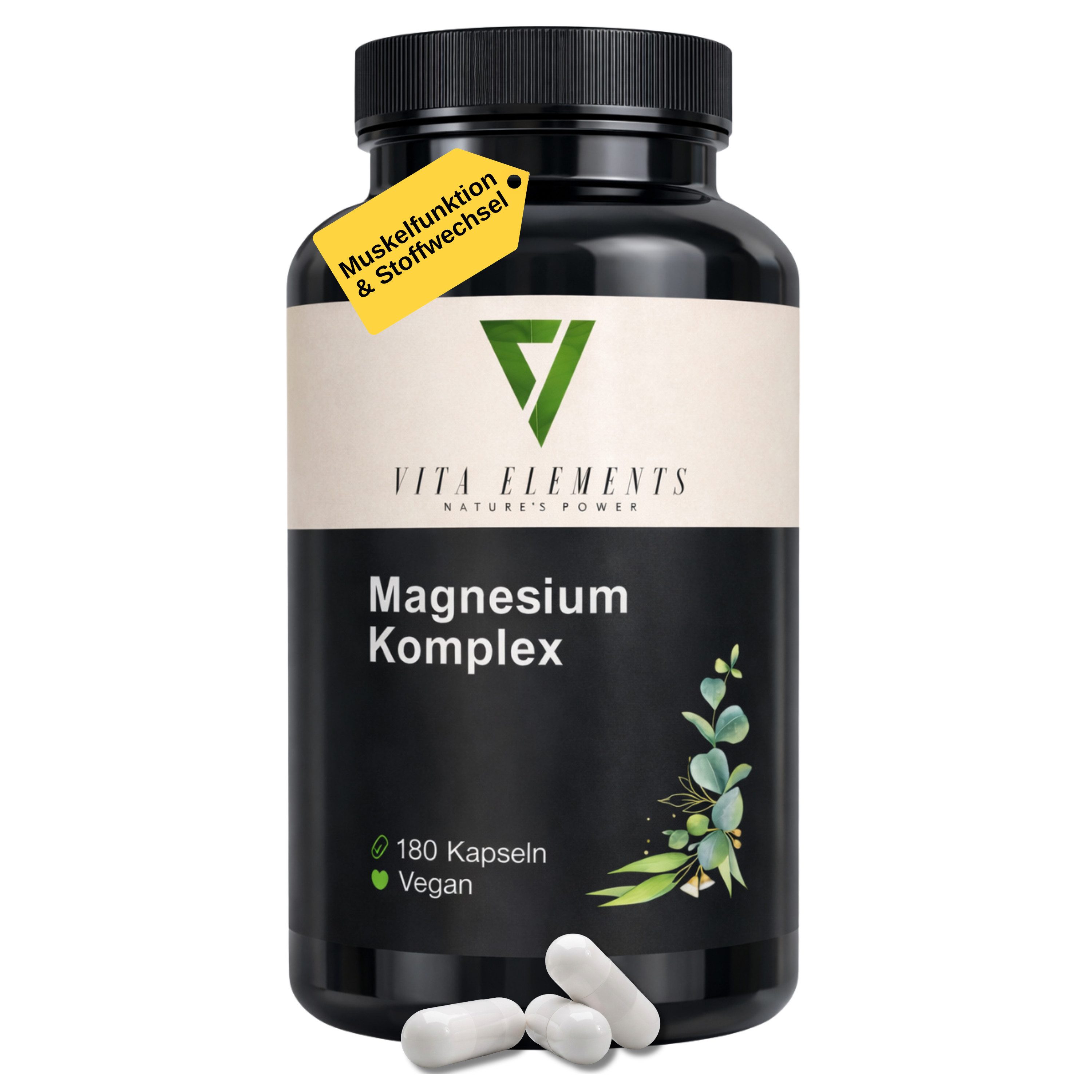 Vita Elements Magnesium Komplex Kapseln, 180 St., Vegan Frei von Gentechnik Ohne unnötige Zusätze Laborgeprüft