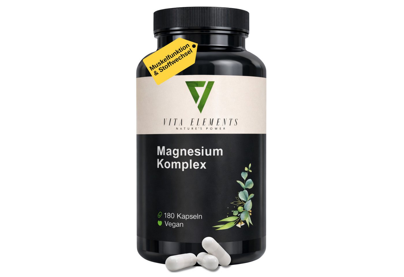 Vita Elements Magnesium Komplex Kapseln, 180 St., Vegan Frei von Gentechnik Ohne unnötige Zusätze Laborgeprüft
