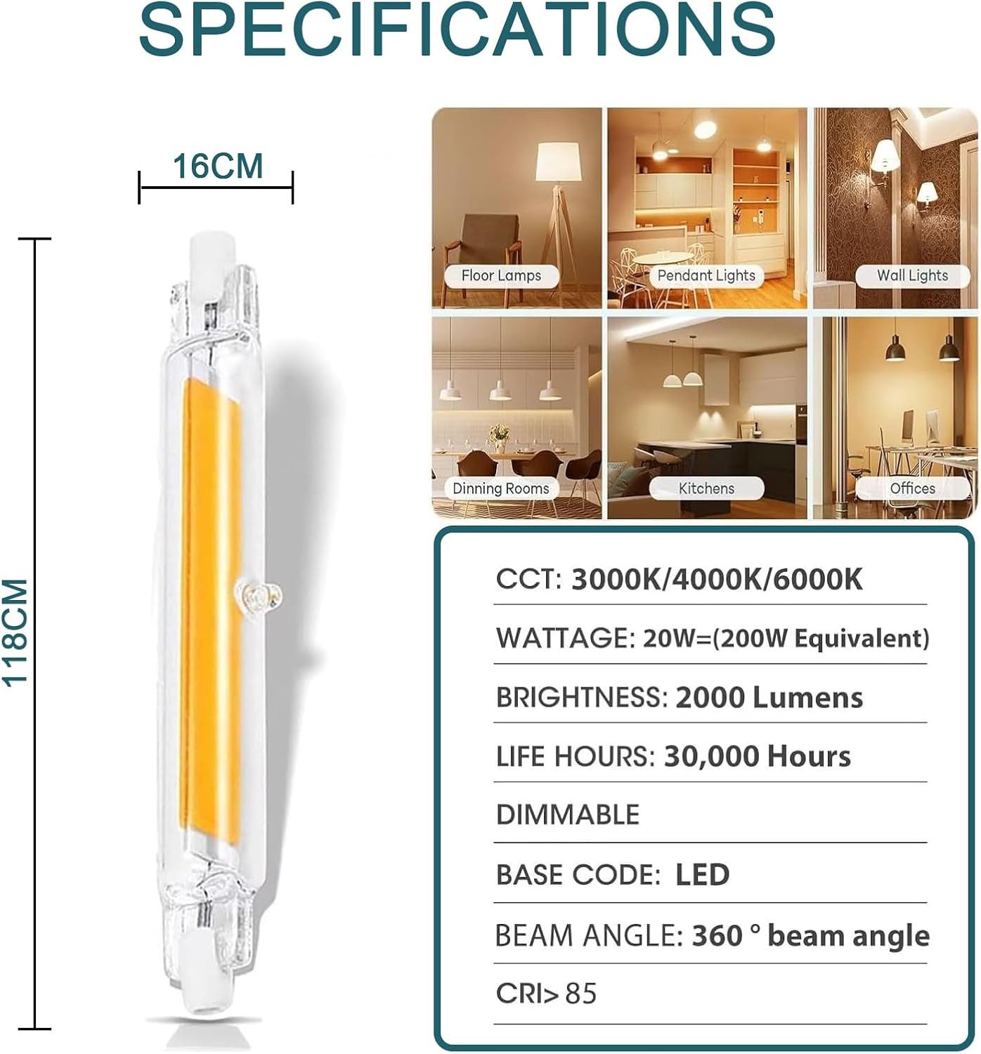 FELIXLEO LED-Leuchtmittel 4 R7S LED 118mm dimmbar COB 20W warmweiß 3000K AC220-240V, 1 St.