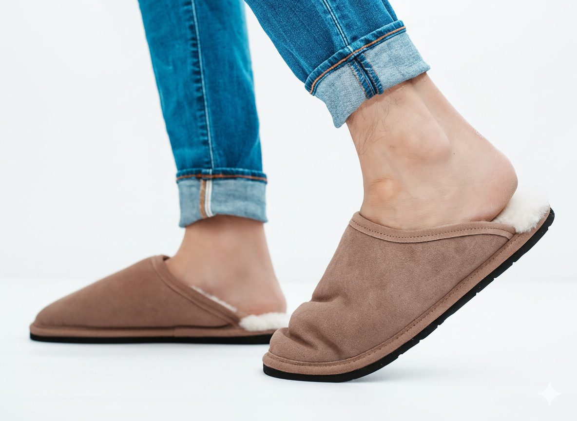 LIRA Deko Lammfell Herrenschuhe Шлепанцы Slipper Puschen Plüsch Hausschuh aus echtem Rindleder, 100 % echtes Lammfell, zum Schlupfen