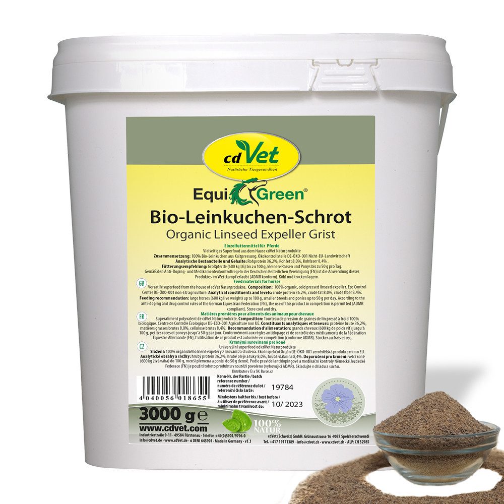 cdVet EquiGreen Bio-Leinkuchen-Schrot, Ergänzungsfutter für: Pferde, Schleimstoffe sind durch Schrotung besser aufgeschlossen.