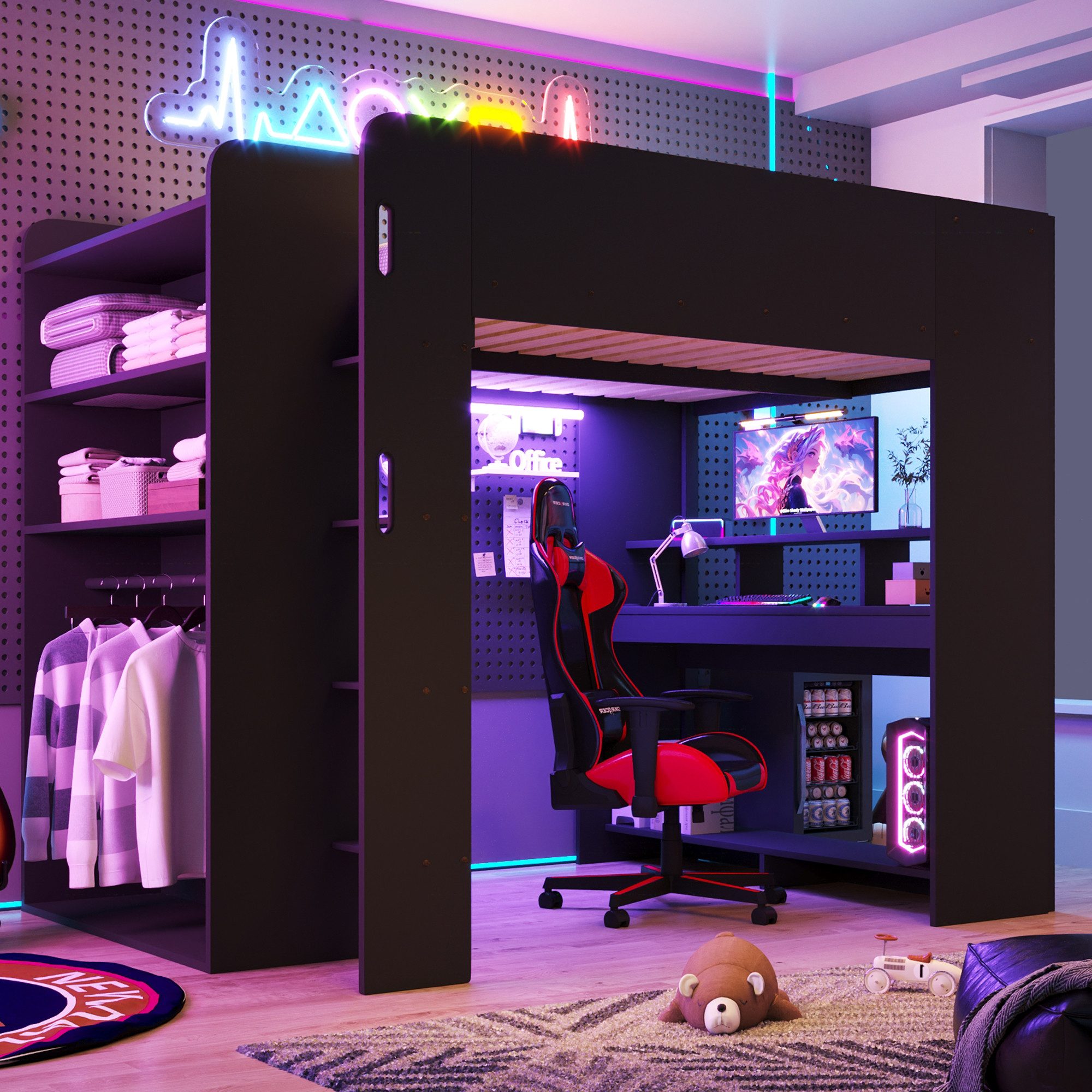 Flieks Hochbett Gamingbett 140x200cm mit Schreibtisch, Kleiderschrank, LED & Aufladen