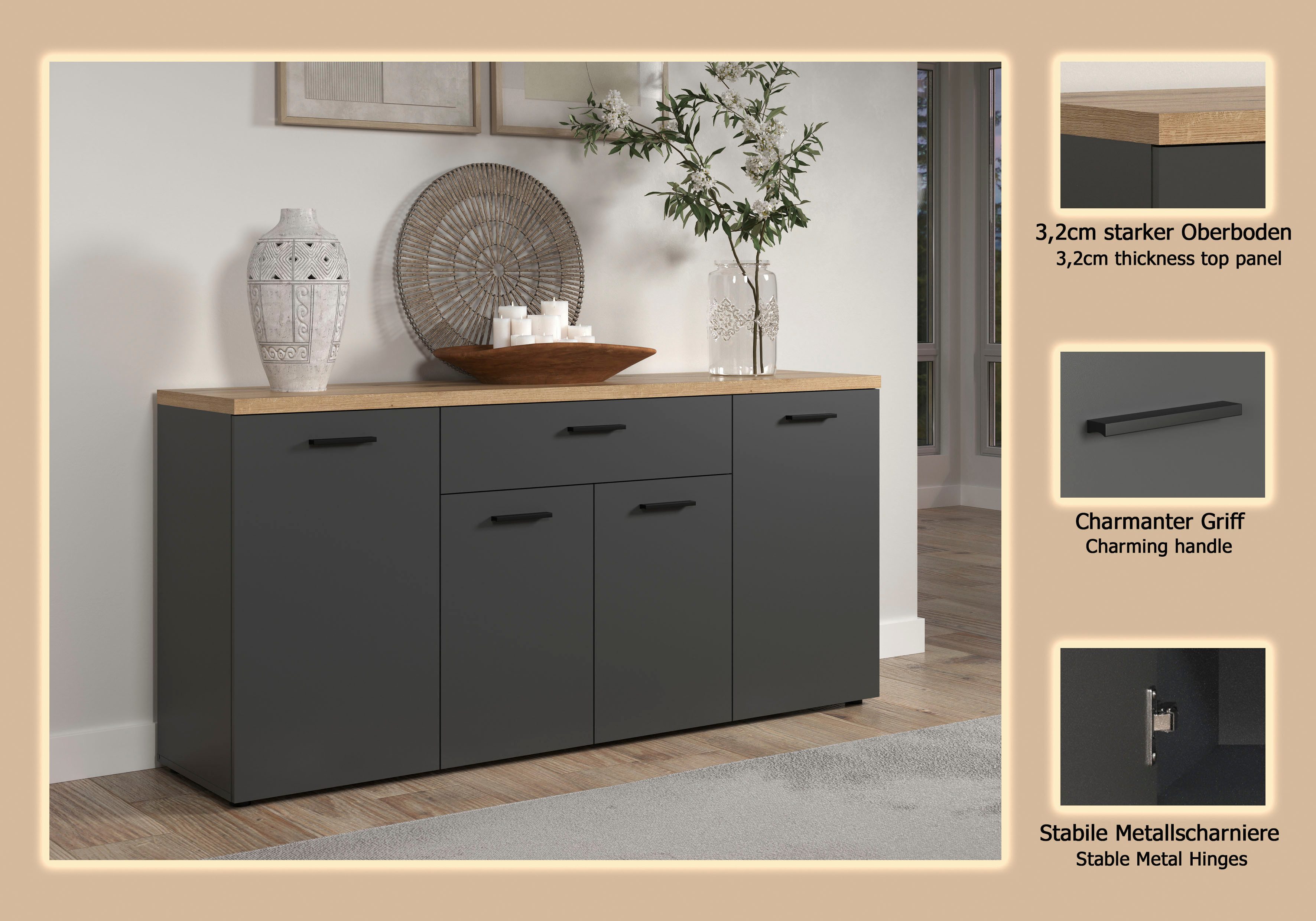 Home affaire Sideboard Bajo (1 St), Kommode mit 4 Türen und 1 Schubkasten – (B/T/H) 180/42/85 cm