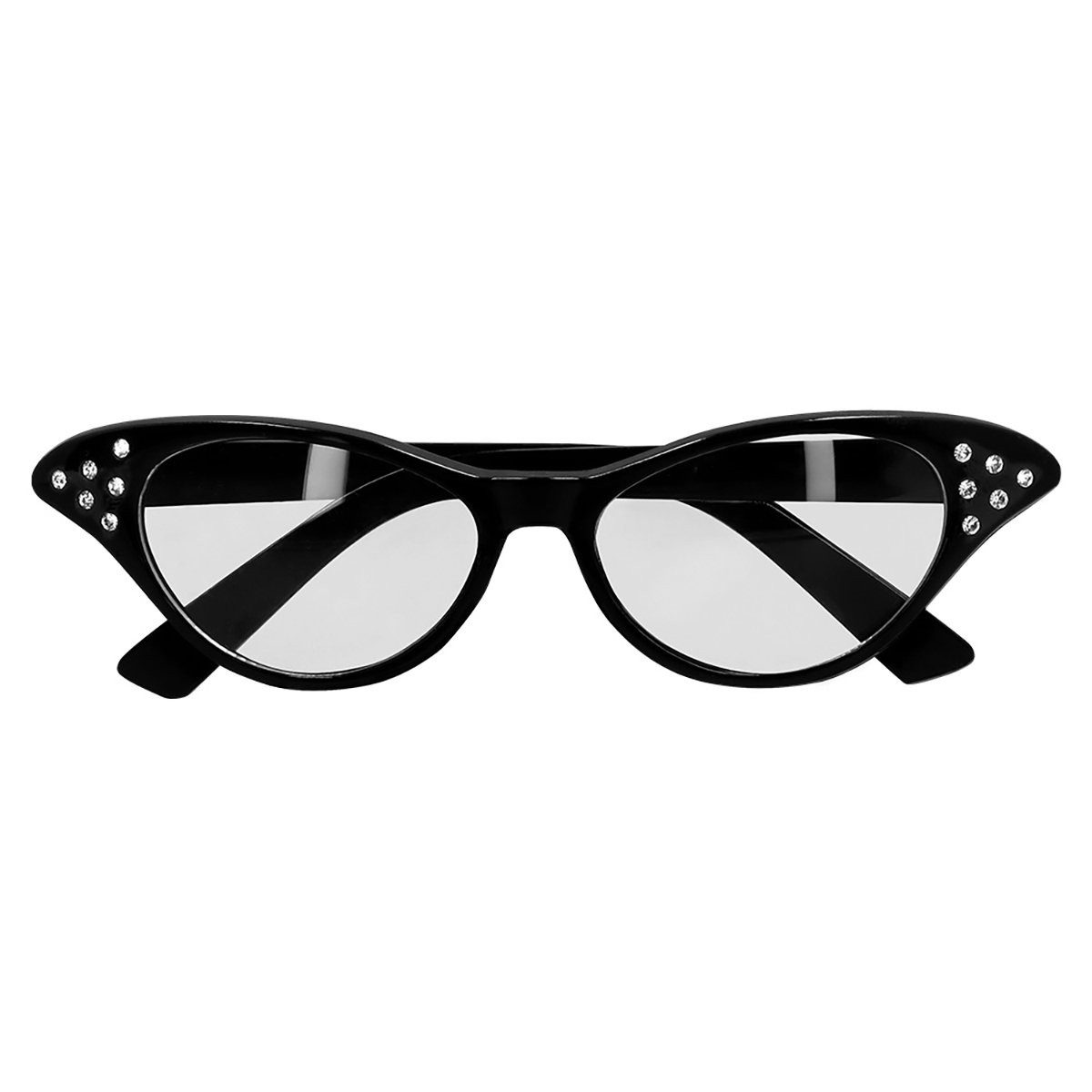 Smiffys Kostüm Rockabilly Cateye Brille schwarz, 50er Jahre Sonnenbrille mit Strasssteinchen