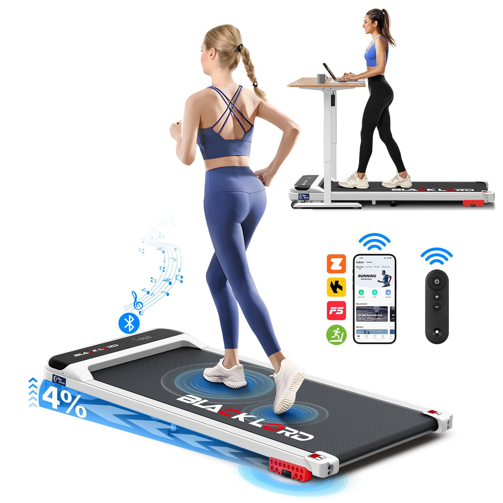 BLACK LORD Laufband 12km/h für Zuhause, Walking Pad, mit LED-Anzeige und 3,2 PS, mit Steigung, Bluetooth, Fernbedienung, 1-10 km/h, 125 x 54 x 12 cm