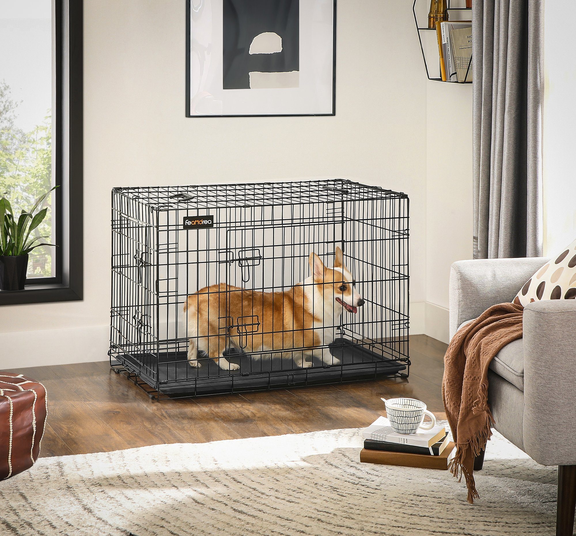 FEANDREA Tiertransportbox Hundekäfig, klappbar, mit 2 Türen, ausziehbare Schale, L/XL/XXL/XXXL