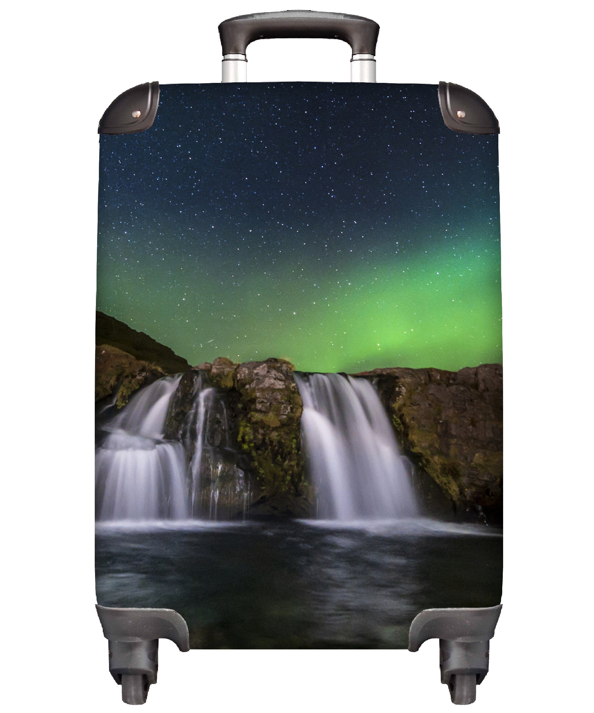 MuchoWow Handgepäckkoffer Nordlicht - Wasserfall - Island - Natur, 4 Rollen, Reisetasche mit rollen, Handgepäck für Ferien, Trolley, Reisekoffer