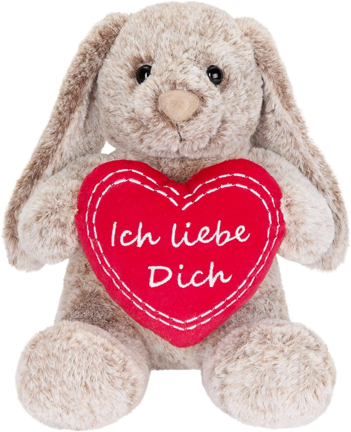 BRUBAKER Kuscheltier Hase Kuscheltier mit Herz Rot und Schlappohren (1-St., Geschenk-Set), Ich Liebe Dich - 28 cm Plüschhasen Geschenk - Stofftier Kuschelhase - Plüschtier Grau Braun