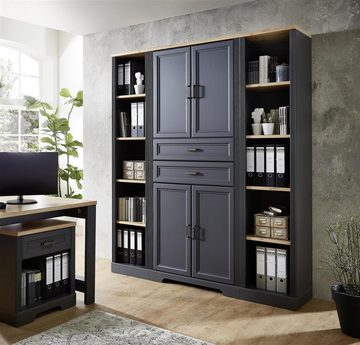 möbelando Aktenschrank Jasmin Aktenschrank im modernen Landhausstil in Graphit, Absetzung in Artisan Eiche Nachbildung, Korpus aus Spanplatte, Front aus MDF mit 4 Holztüren, 2 Schubkästen und 2 Einlegeböden. Breite 86 cm, Höhe 204 cm, Tiefe 38 cm