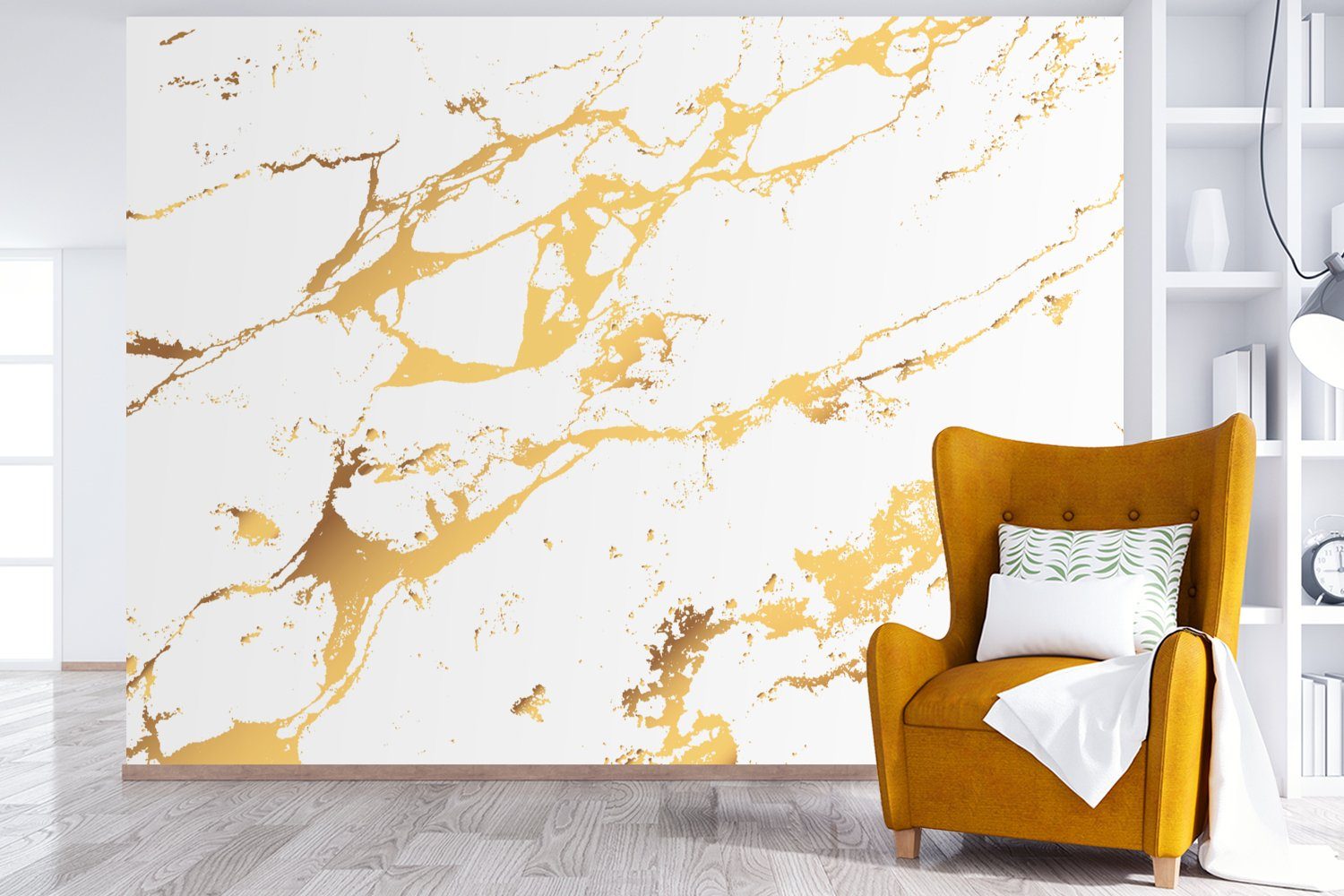 - Schlafzimmer, Luxus, Gold Fototapete Weiß Wallpaper (6 St), - Matt, für Wohnzimmer, bedruckt, Kinderzimmer, Vinyl Tapete - Marmor MuchoWow