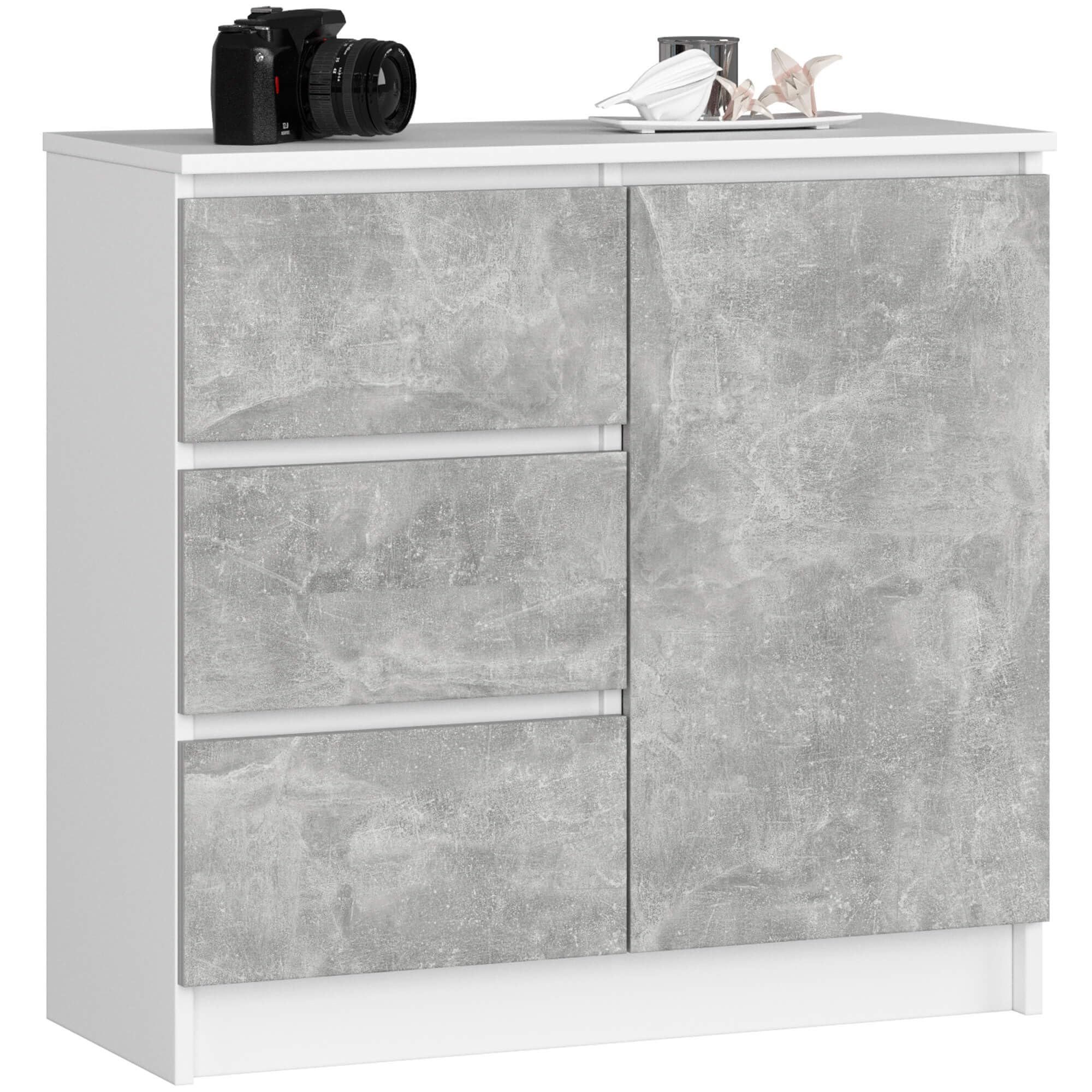 Milord FURNITURE Kommode mit 3 Schubladen 2 Einlegeböden und 1 Tür 80 cm breit, B80xH77xT35