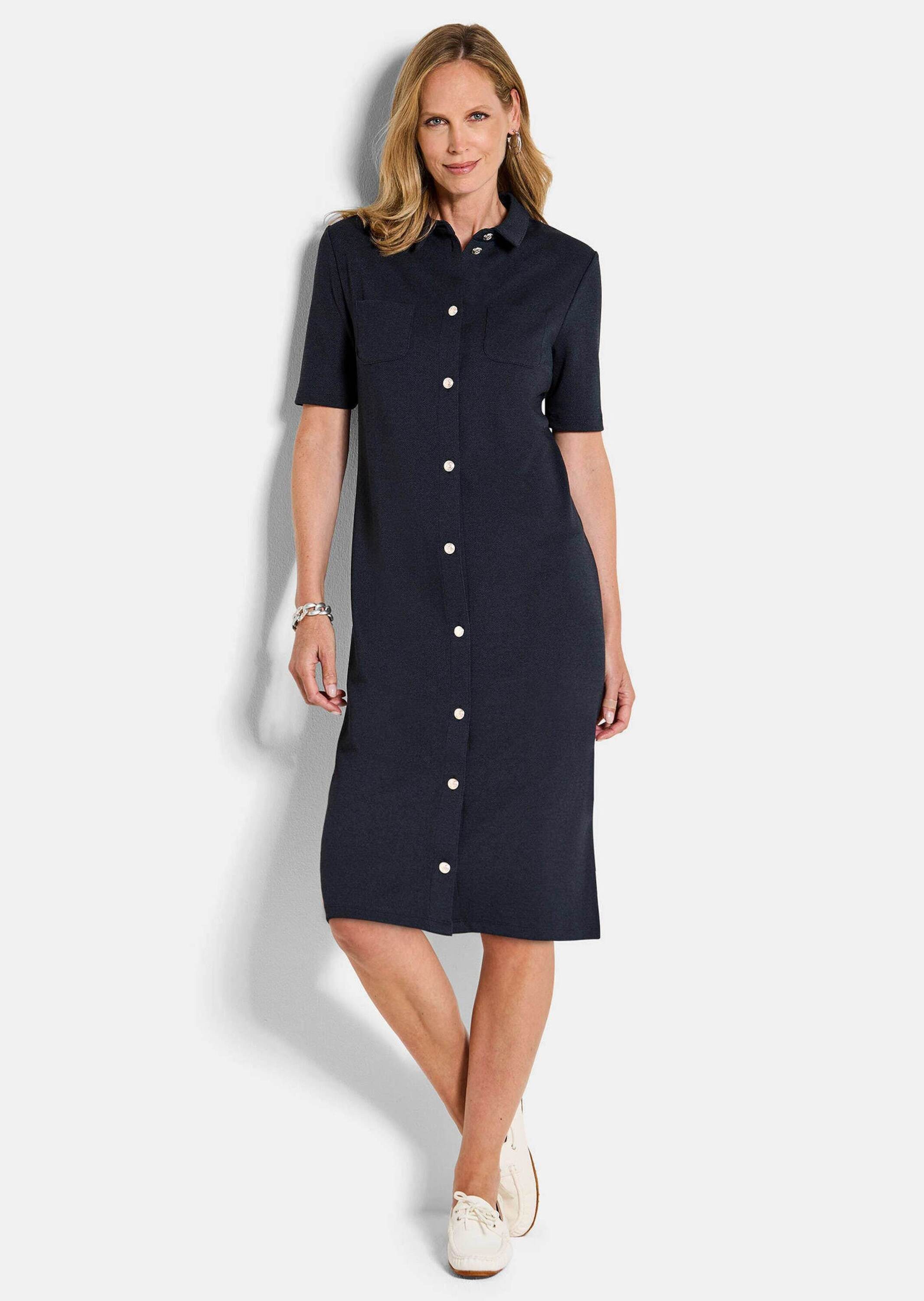 GOLDNER Jerseykleid Kurzgröße: Polokleid in maritimen Look Midikleid mit Hemdkragen, Knopfleiste, Taschen, Knielänge und Halbarm