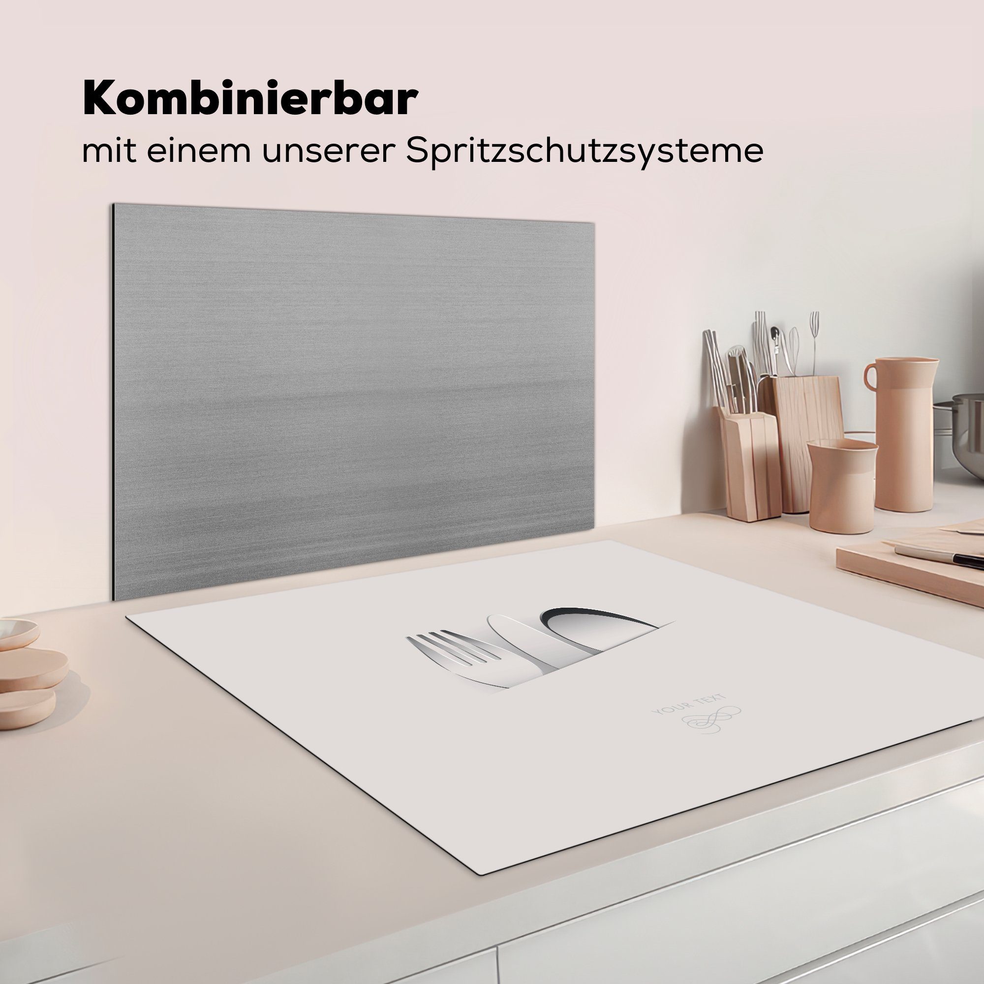 für weißem cm, Löffel küche MuchoWow mit tlg), Besteck leeren Vinyl, (1 Herdblende-/Abdeckplatte 78x78 Arbeitsplatte auf einem Hintergrund, Ceranfeldabdeckung,