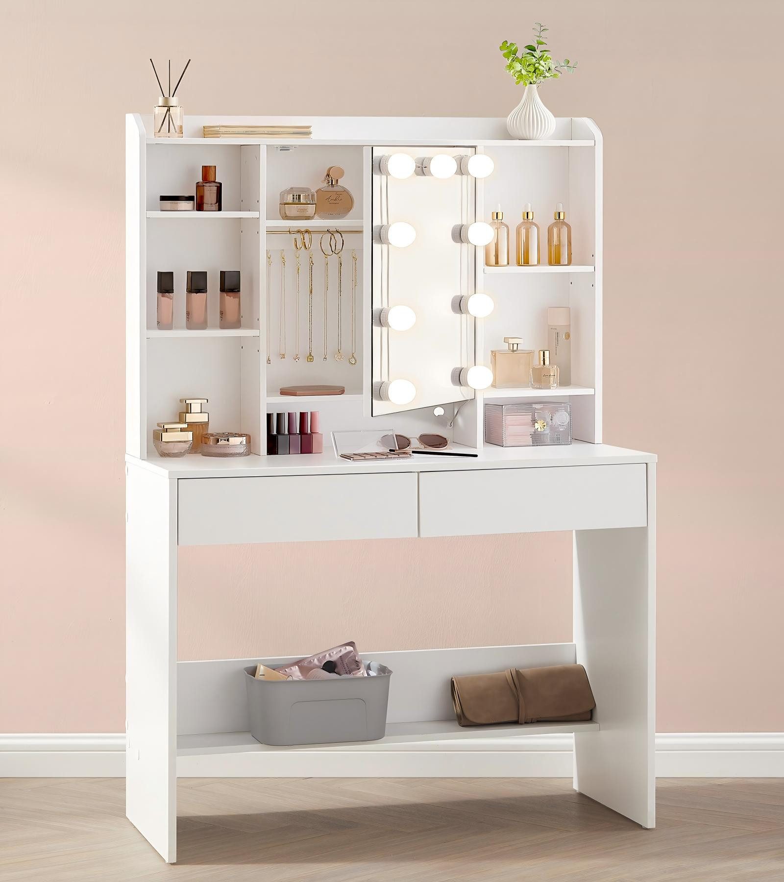 VASAGLE Schminktisch mit Beleuchtung, einstellbare Helligkeit, Frisiertisch mit Spiegel, Kosmetiktisch mit verstellbaren Ablagen, 2 Schubladen