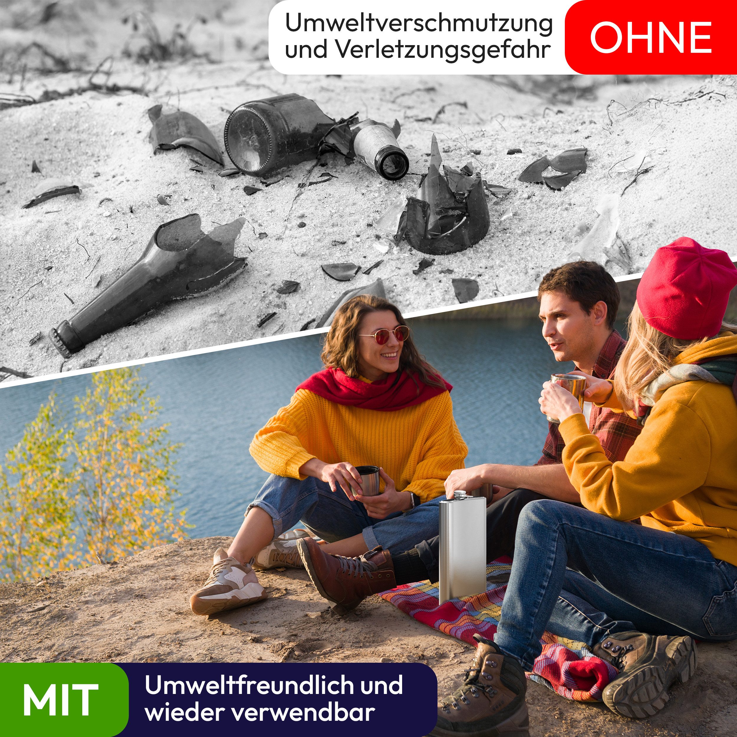 Oramics Flachmann XXL Trinkflasche Edelstahl Silber 1,8L Schnapsflasche mehrweg robust, bruchfeste Taschenflasche 64oz mit Tragetasche