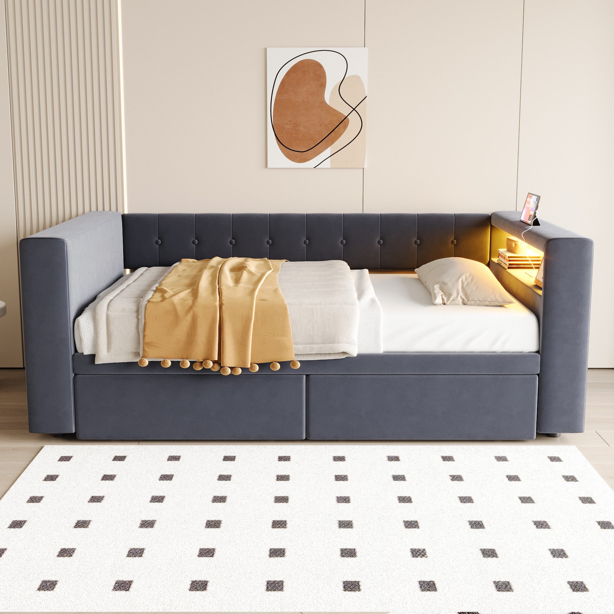 Flieks Daybett, Polsterbett Schlafsofa 90×190cm mit LED, Steckdose und 2 Schubladen