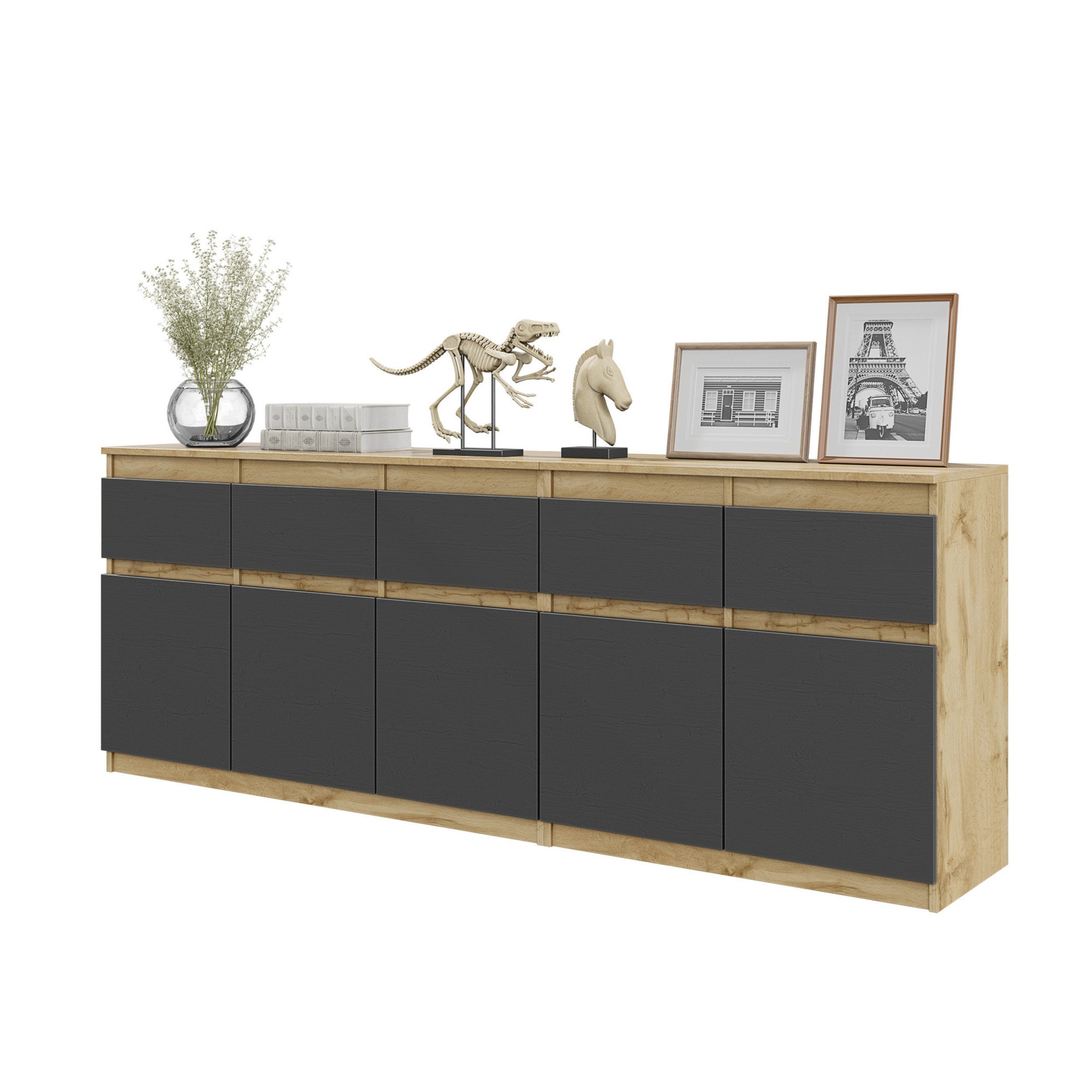Furnica Kommode NOAH, 5 Schubladen und 5 Türen - Votan Eiche H75cm B200cm T35cm