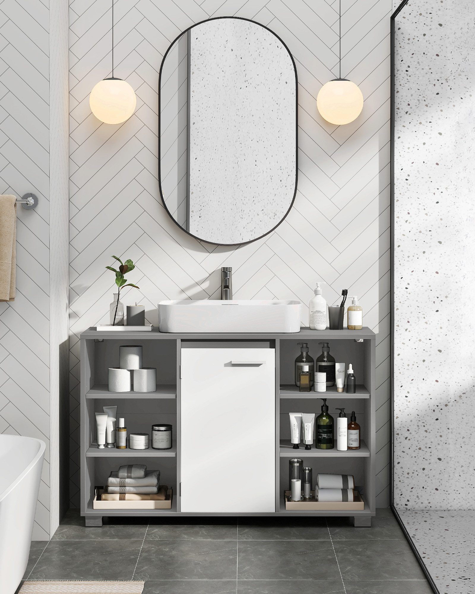 VASAGLE Waschbeckenunterschrank Unterschrank Badezimmerschrank Badschrank mit verstellbaren Ablagen, 30 x 90 x 60 cm, mit Füßen – Bild 3 von 5