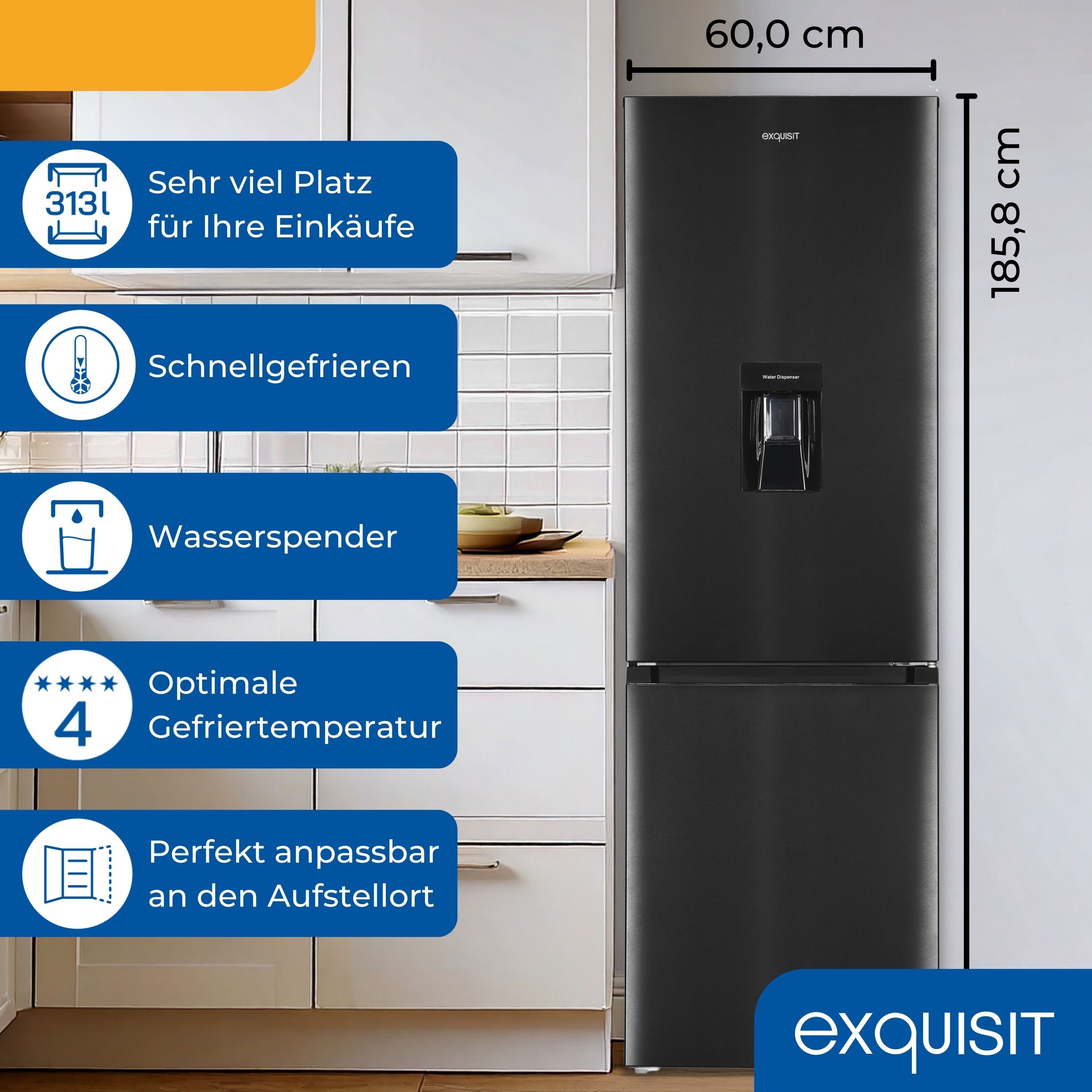 exquisit Kühl-/Gefrierkombination KGC5320-95-E-WS-040C, 185.8 cm hoch, 60 cm breit, Kühlschrank mit Wasserspender, 4-Sterne-Gefrieren, Alarm-Funktion