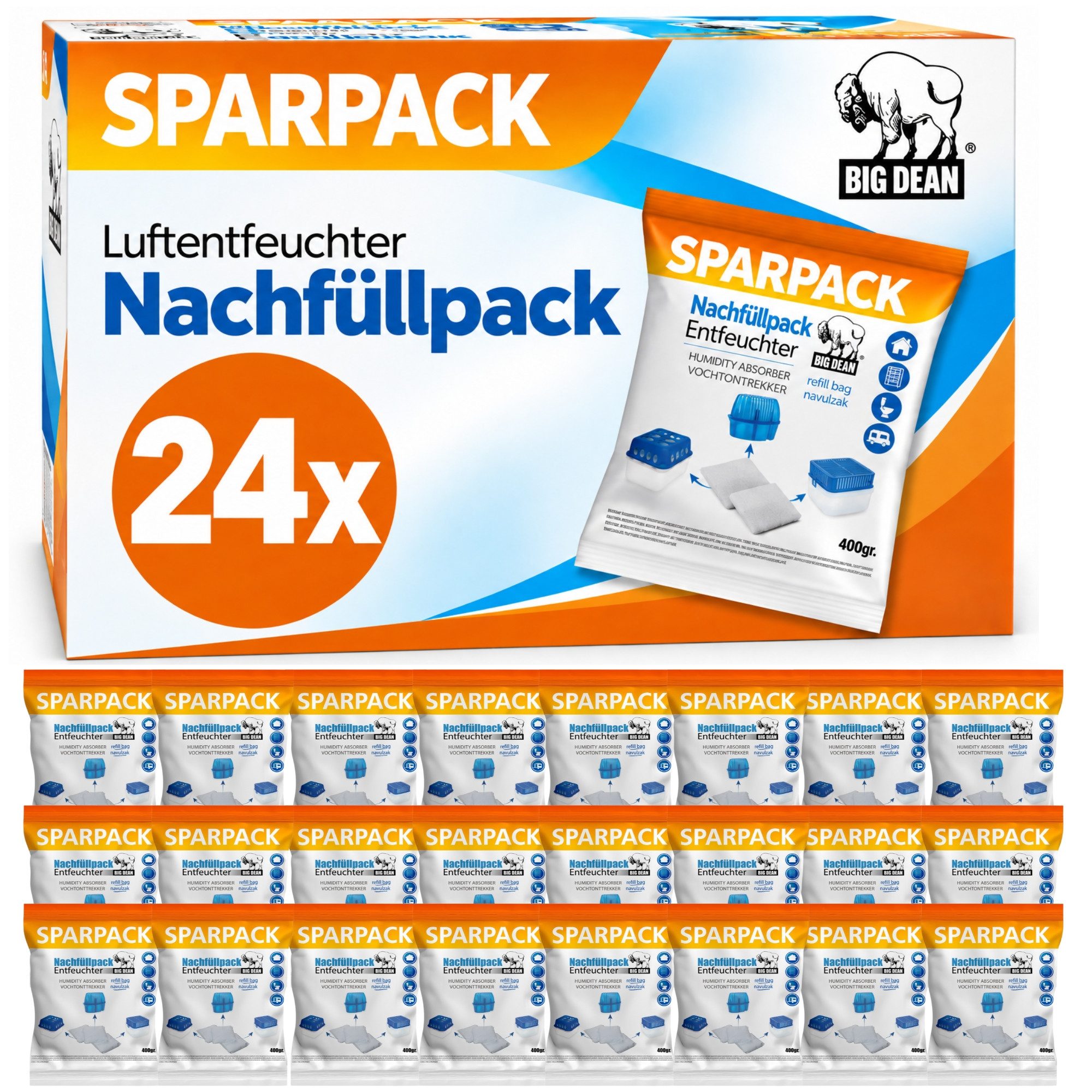BigDean Luftentfeuchter + Nachfüllpacks 400g Entfeuchter Granulat Raumentfeuchter, 24 x Luftentfeuchter Granulat 400g Edition 2027 von BigDean
