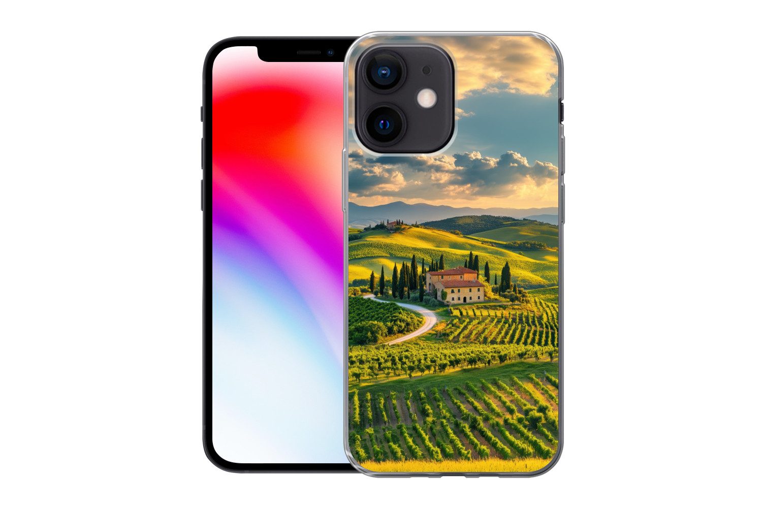 MuchoWow Handyhülle für Apple iPhone 12 Mini Toskana - Landschaft - Weinberge, Smartphone-Bumper, Print, Handy Schutzhülle Dünn