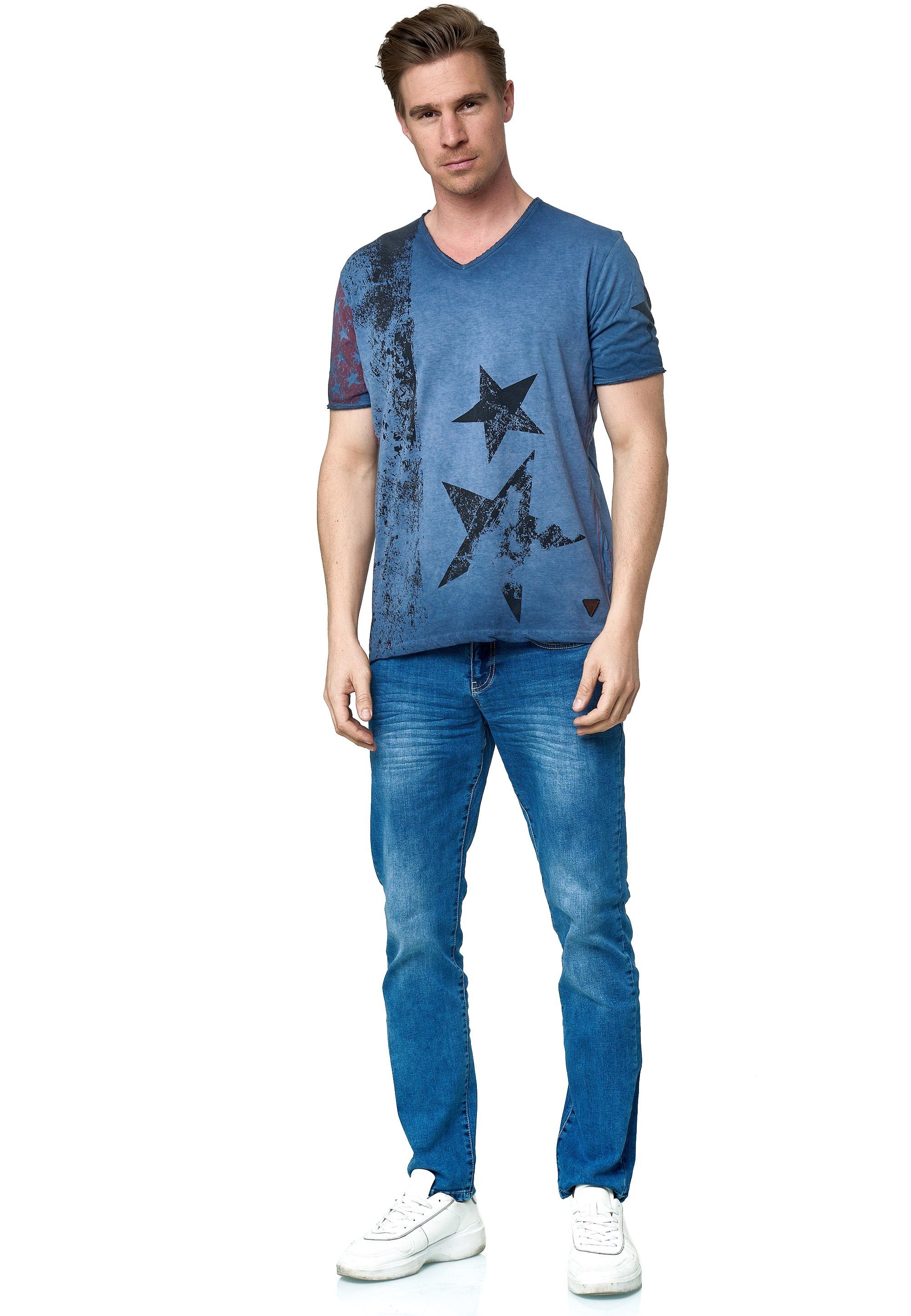 T-Shirt mit V-Neck Neal indigo Rusty