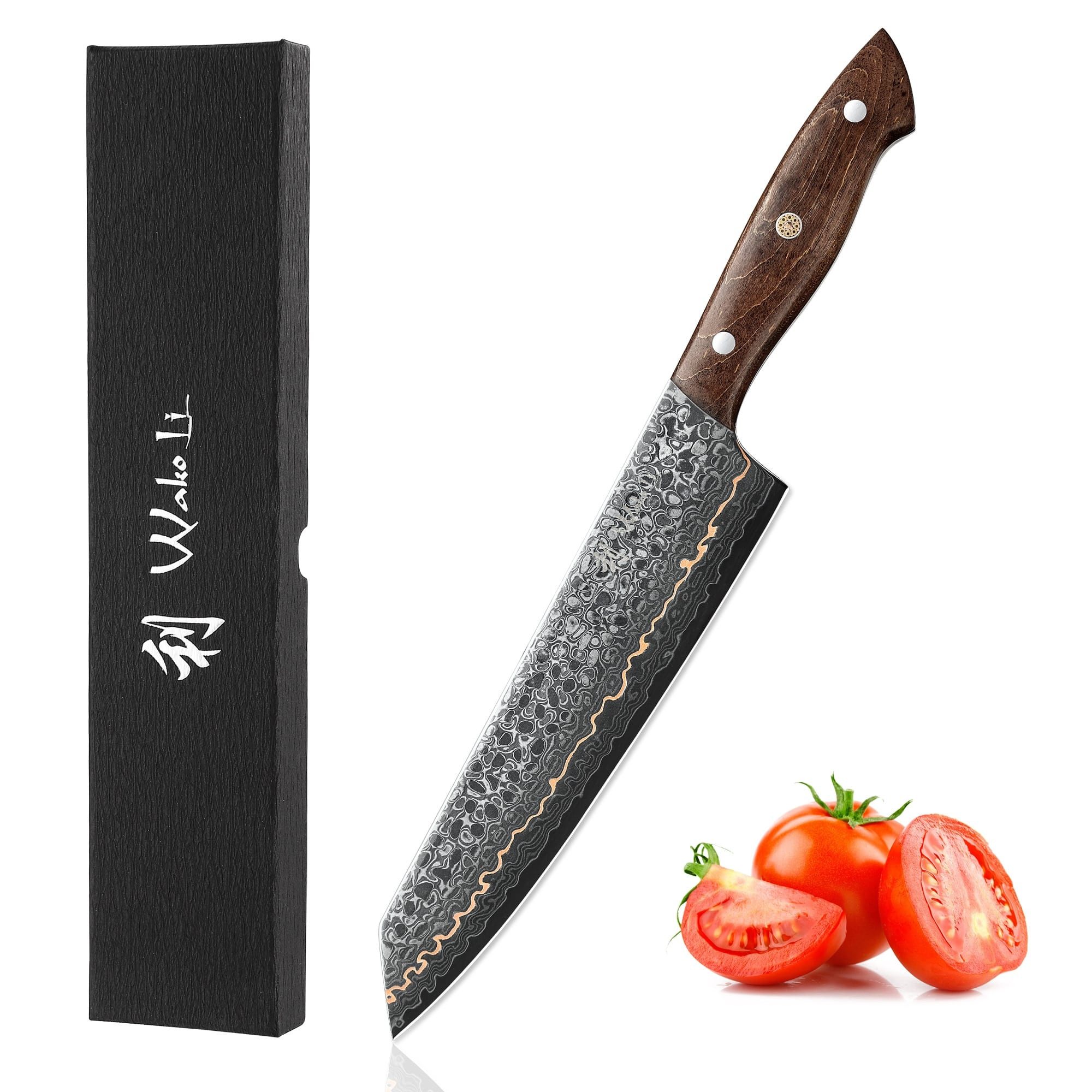 Wakoli Asiamesser Kawa Damast Kiritsuke Küchenmesser Kochmesser 20 cm Klinge mit Kupfer, Damaststahl, Kupfereinlage, VG10