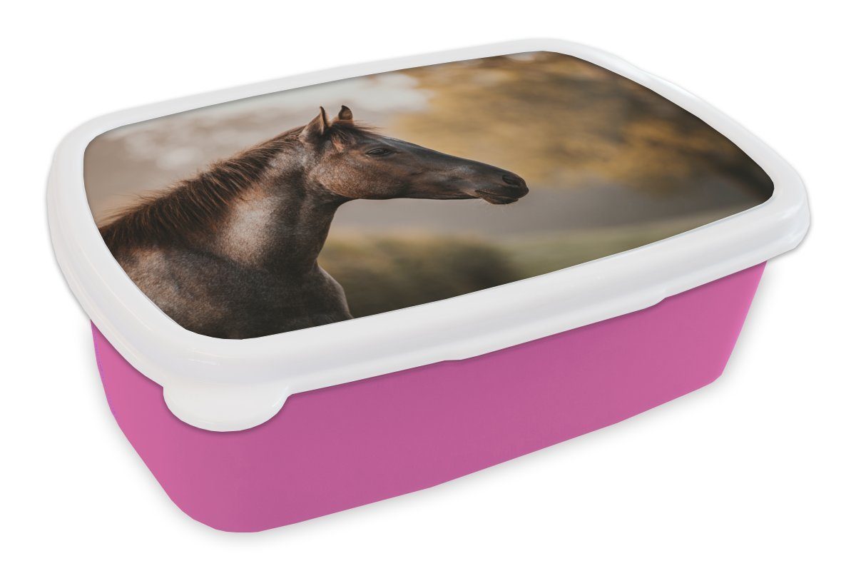 Kinder, Porträt, Kunststoff rosa - Kunststoff, - Brotdose MuchoWow (2-tlg), Lunchbox für Mädchen, Brotbox Erwachsene, Pferd Wald Snackbox,
