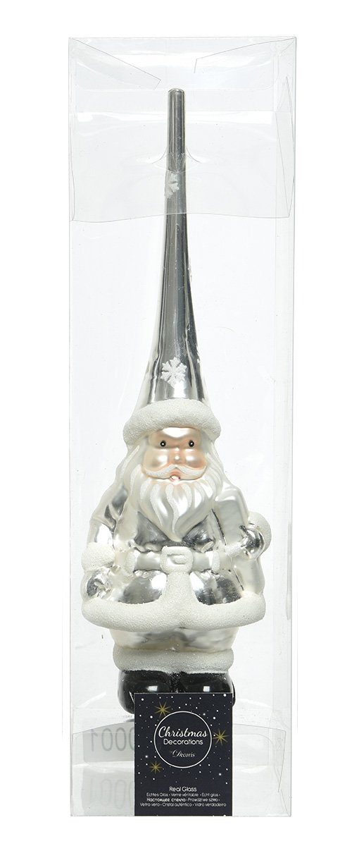 Kaemingk Christbaumspitze, Christbaumspitze Glas 28cm Weihnachtmann ODER Schneemann weiß silber