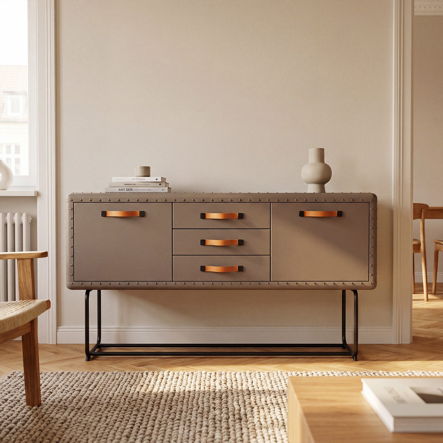 HOMSEE Sideboard mit 2 Türen und 3 Schubladen, Kompaktes Kommode mit Metallgestell (1 St), Viel Stauraum für Wohnzimmer & Flur, 160×40×80cm