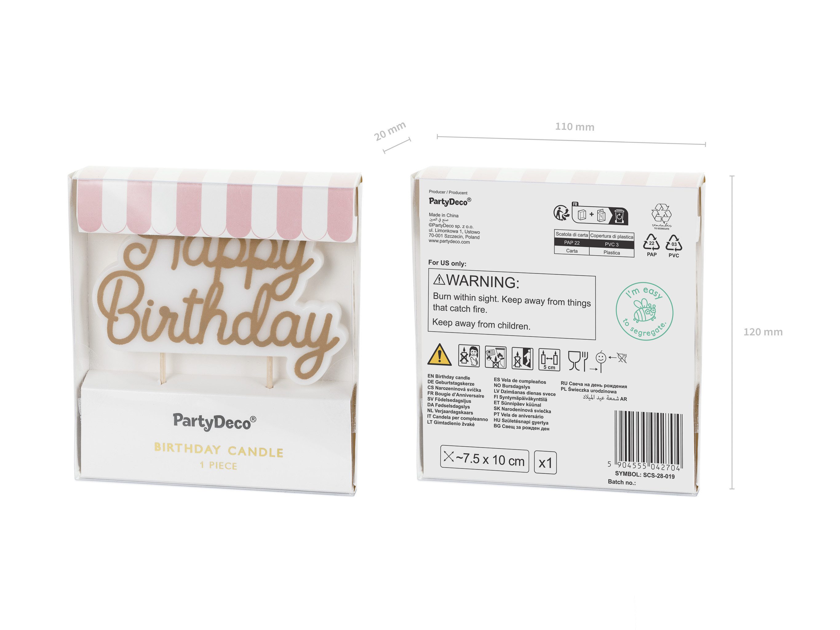 partydeco Geburtstagskerze, Geburtstagskerzen Happy Birthday 7,5x10cm Weiß / Gold