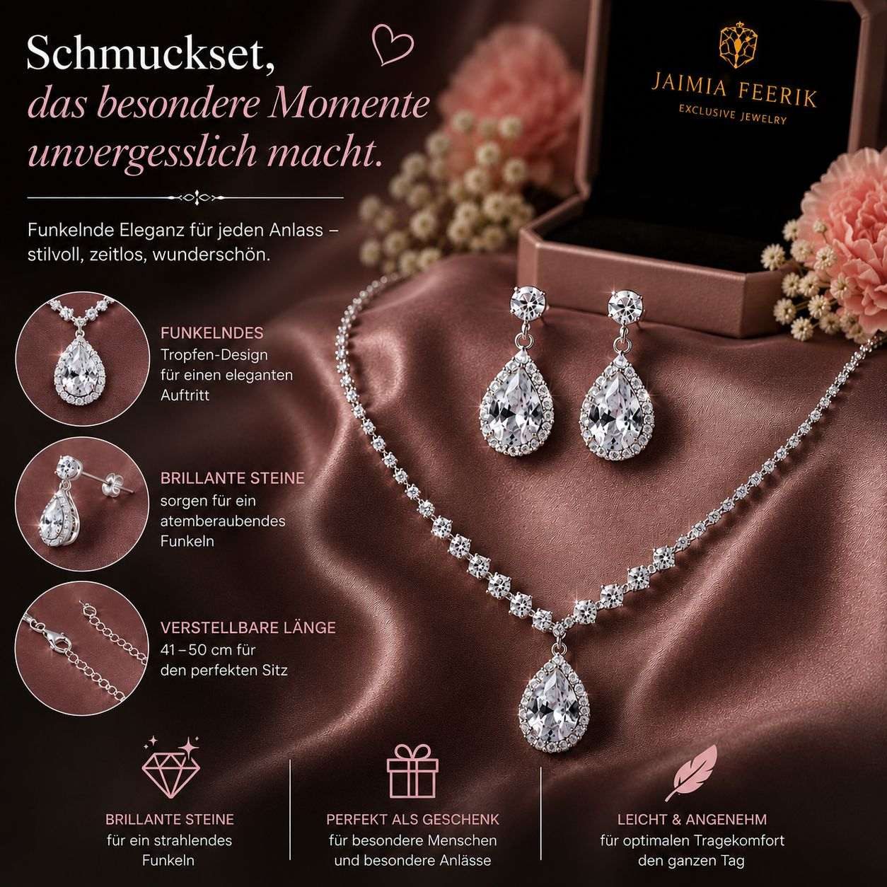 Taffstyle Schmuckset Elegantes Schmuck Set Halskette & Ohrringe Tropfen Design mit Zirkonia (Funkelndes Set aus Kette und Ohrringen mit glitzernden Zirkonia-Ste – Bild 4 von 5